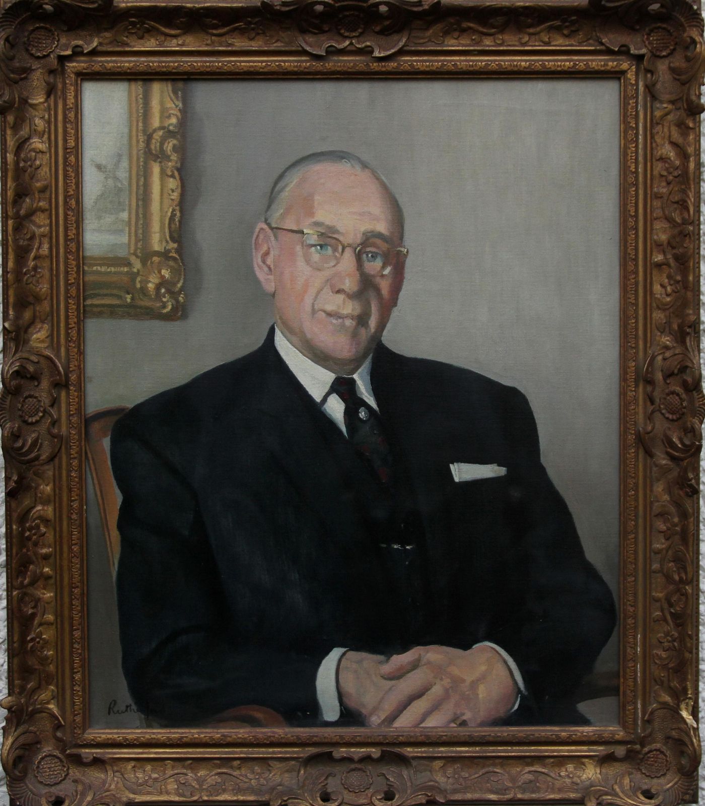 Harry Rutherfordportrait Of A Gentleman   British Oil Painting Interior Seated Suited Man Circa 1970 photo vintage