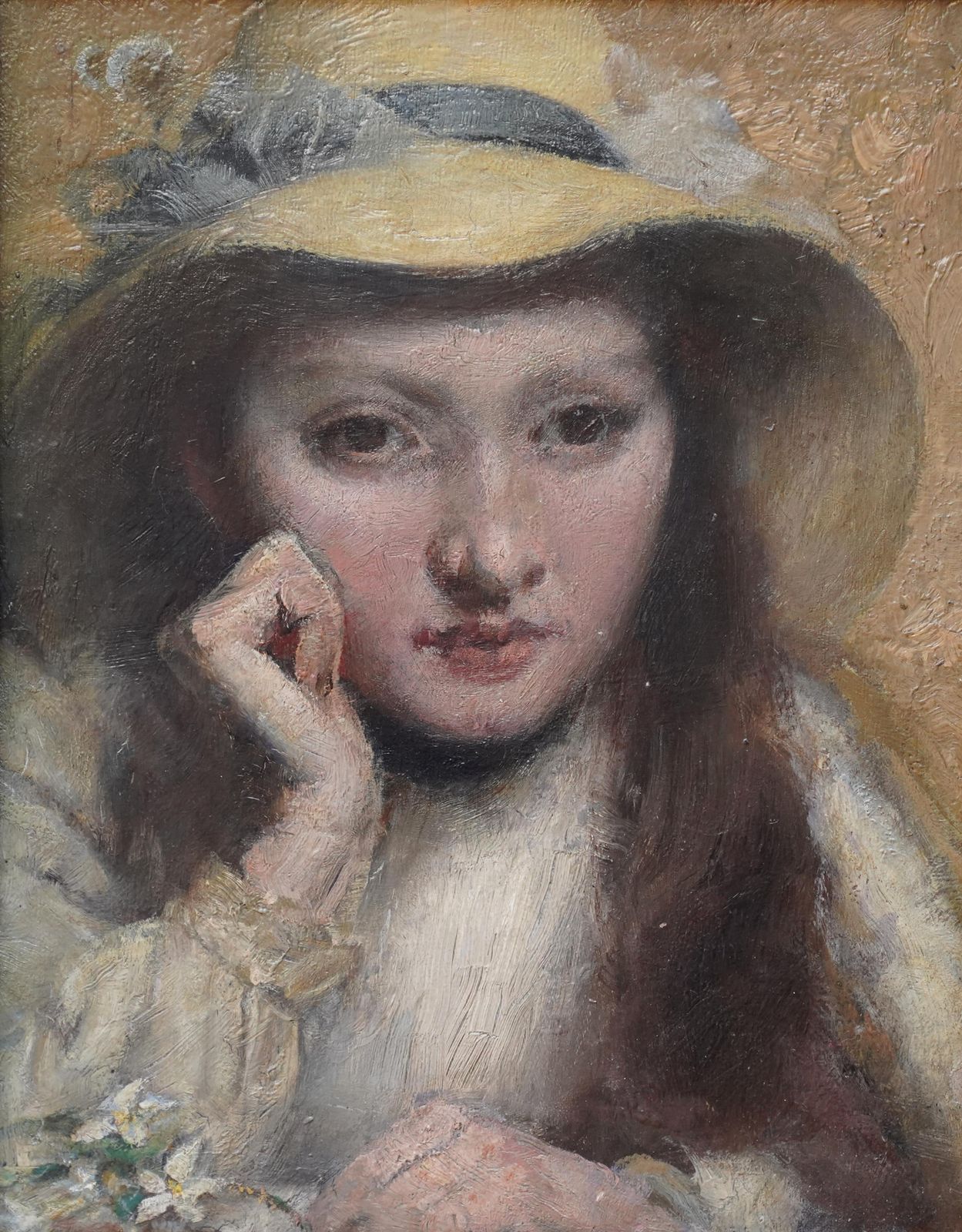 Portrait Of Girl In Straw Hat   British Victorian Art Newlyn School Oil Paintingcirca 1890 photo furniture