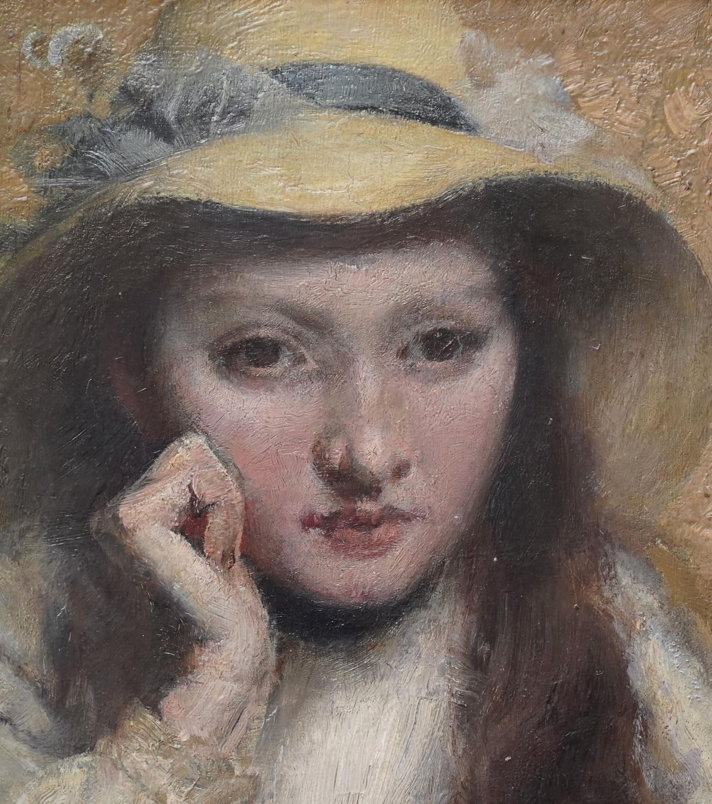 Portrait Of Girl In Straw Hat   British Victorian Art Newlyn School Oil Paintingcirca 1890 photo for sale