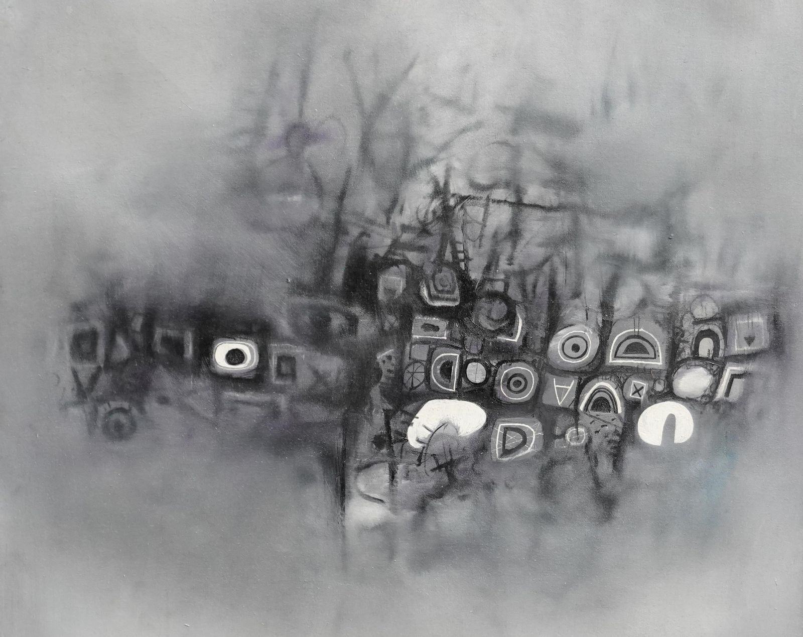 Christopher Sturgess Liefmonochrome Abstract 1961   British Sixties Art Abstract Oil Painting Black White1961 photo for sale