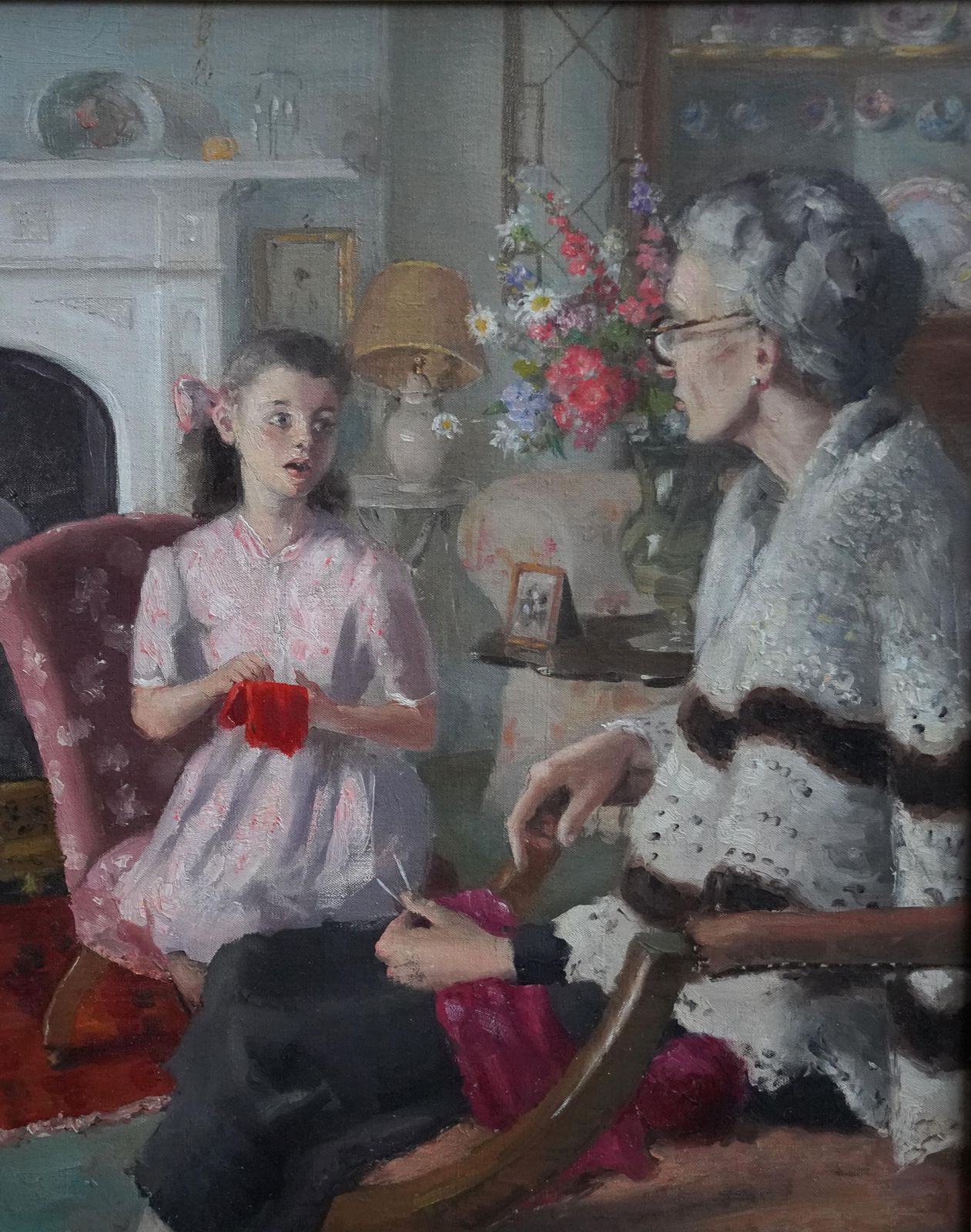 photo for sale Anthony Devasgrandma And Grand Daughter In An Interior   British 40's Portrait Oil  Paintingcirca 1940