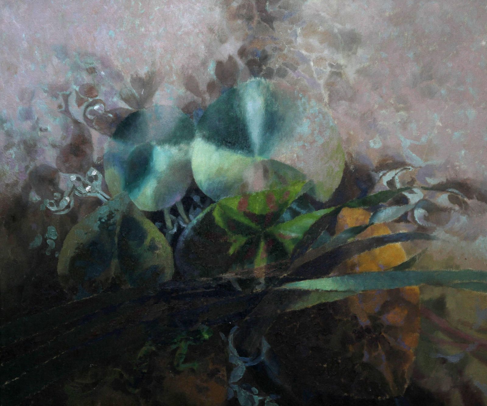 Glyn Morganlily Pond   Welsh Abstract Art 1990 Oil Painting Nature Lilies Water Green Blue1990
