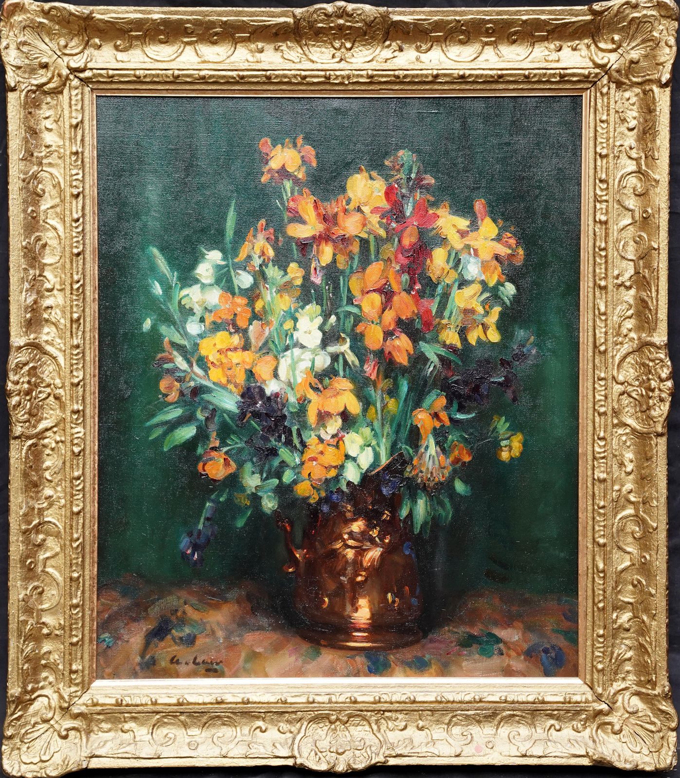 photo vinterior Andrew Lawstill Life Of Wallflowers   Scottish 1920's Exh. Floral Art Flower Oil Paintingcirca 1920