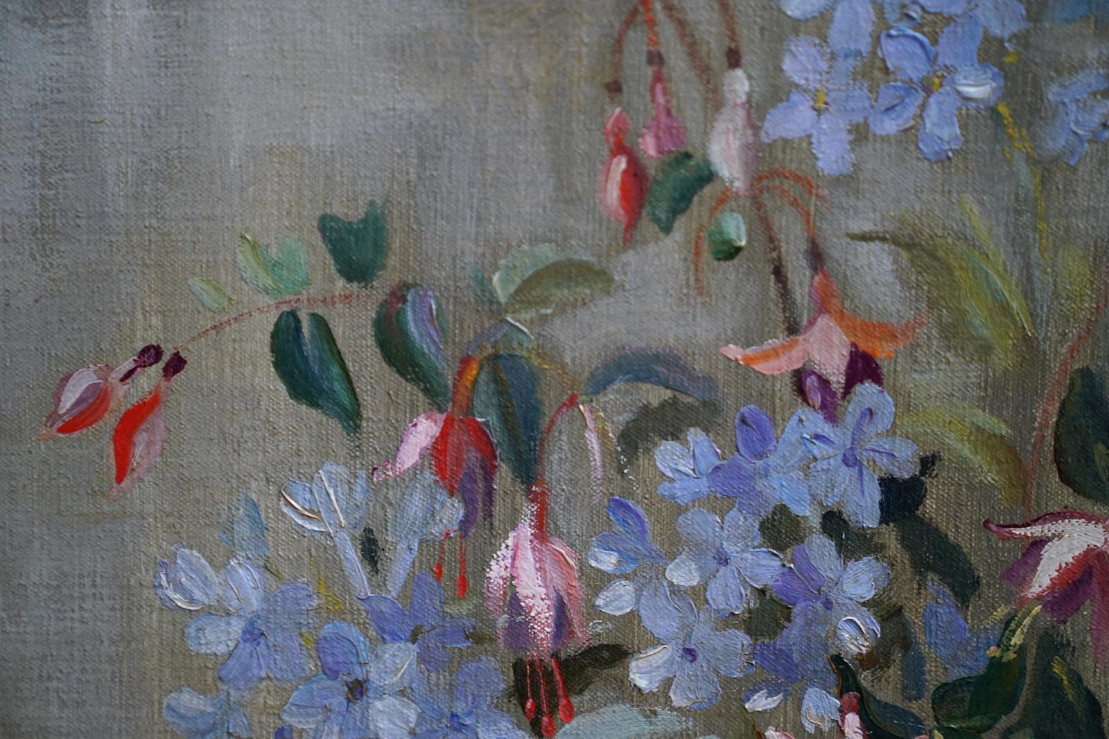 Marion Grace Hockenfloral Of Fuchsias In A Blue Vase   British Fifties Still Life Art Oil Paintingcirca 1950 photo vinterior