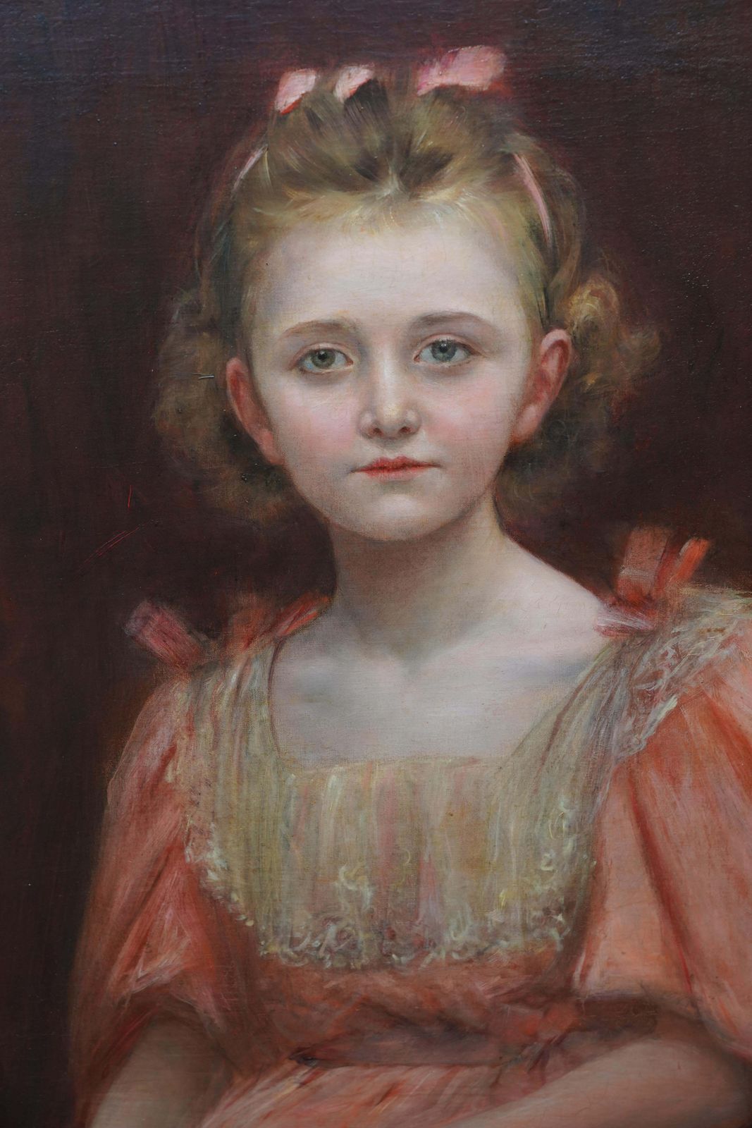Georges Van Den Bosportrait Of A Young Girl In Peach Dress   Edwardian Art Oil Paintingcirca 1905 photo for sale