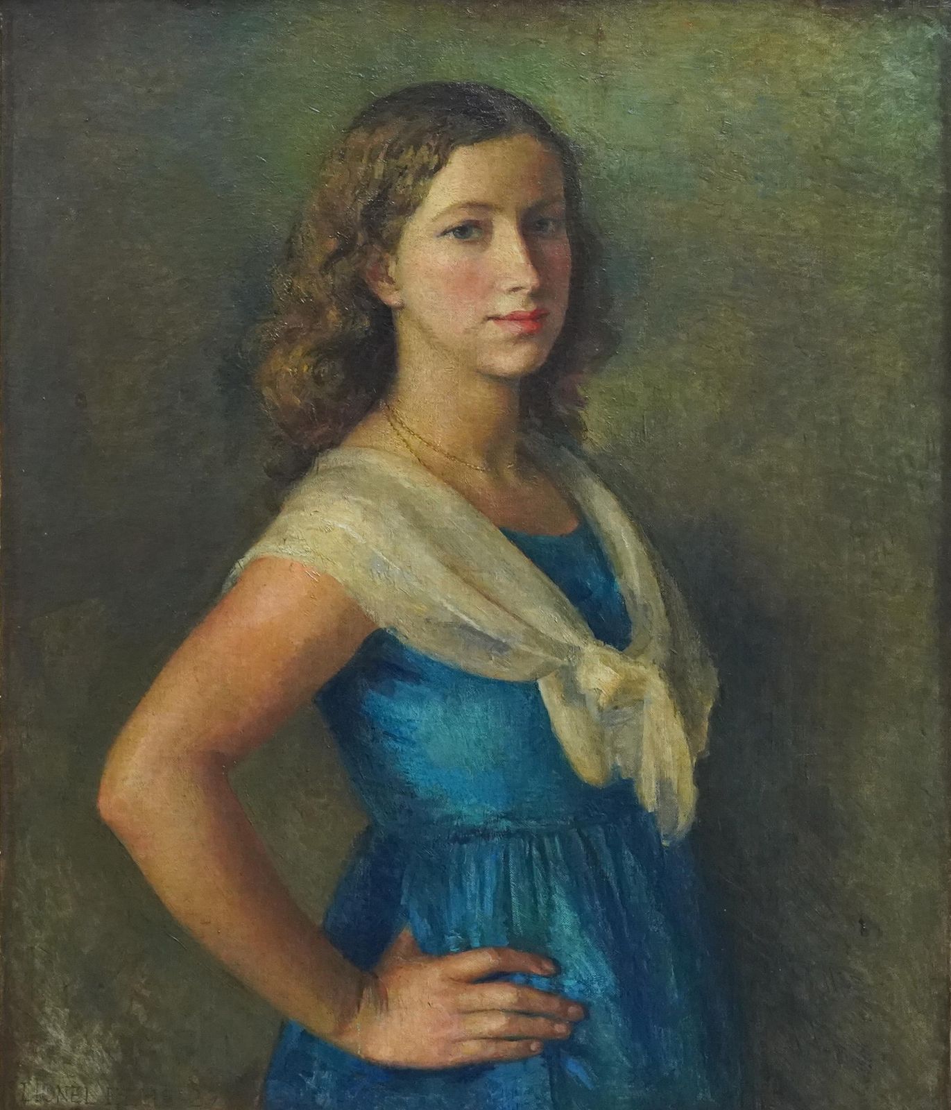 Lionel Ellisportrait Of A Girl In White Lace Shawl   British 1929 Art Portrait Oil Painting1929 photo furniture