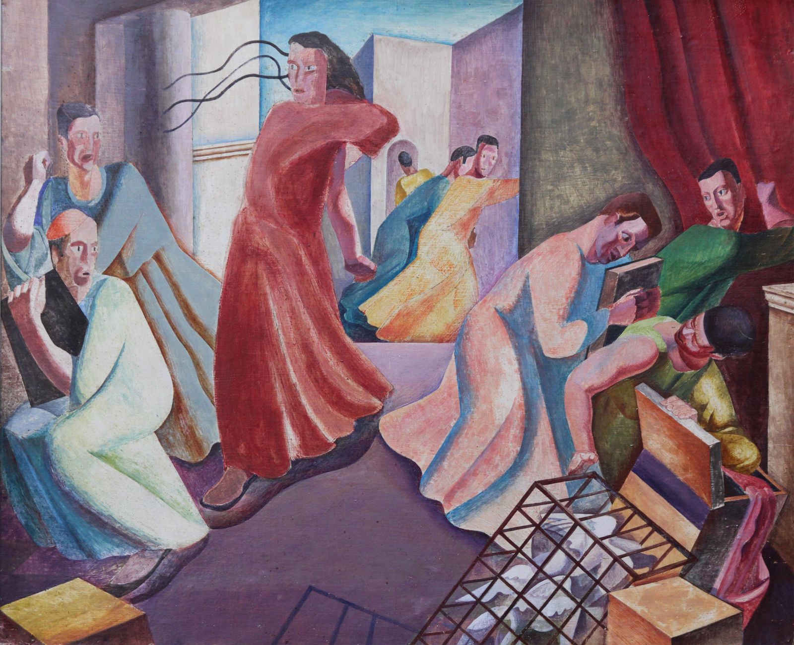Augustus Lunnchrist Expelling Money Changers   British 30's Surrealist Art Religious Interiorcirca 1935 photo for sale