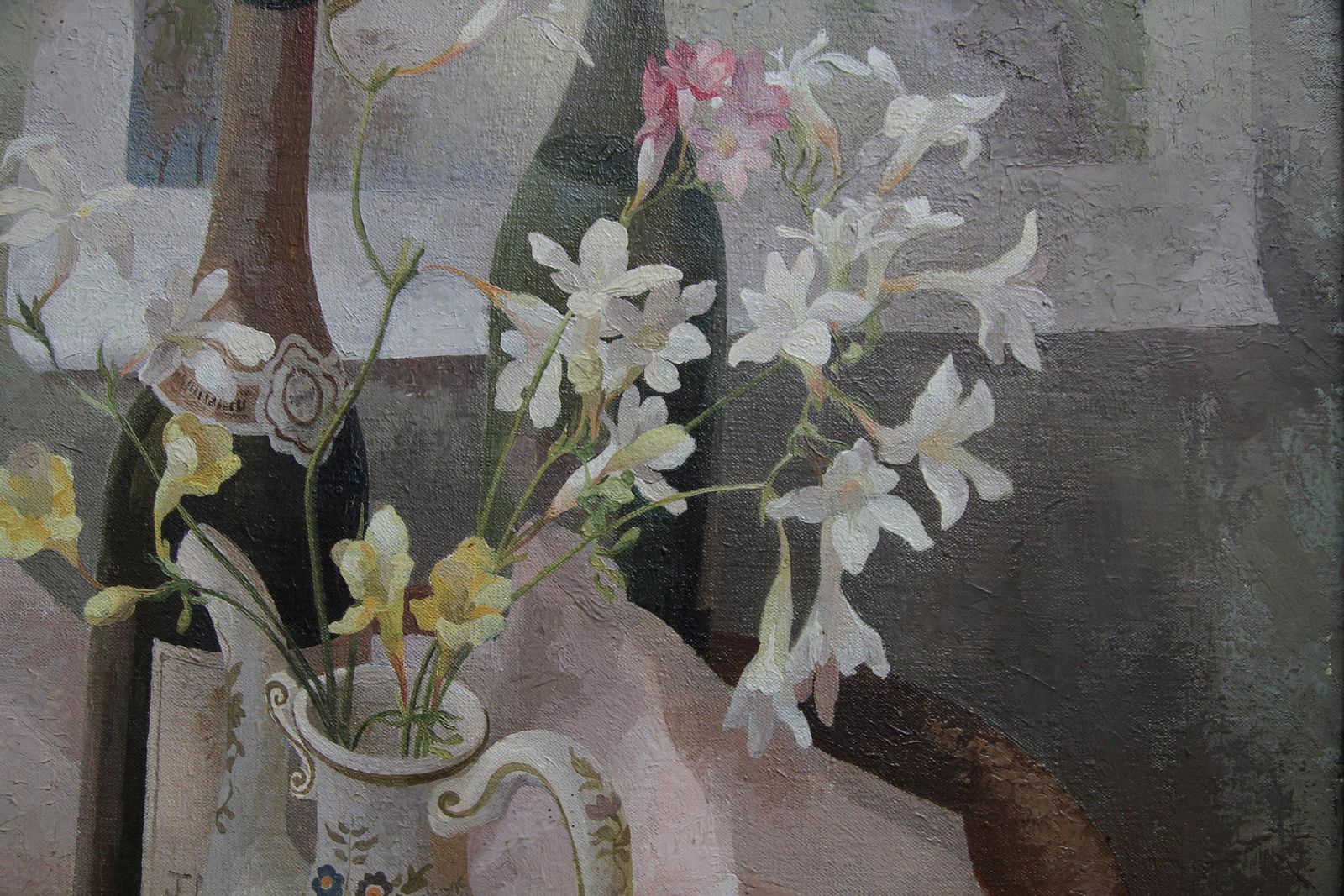 Mary Kent Harrisonfrench Coffee Pot   British Exh Art 1960s Floral Still Life Oil Painting Flowers1960 photo vinterior