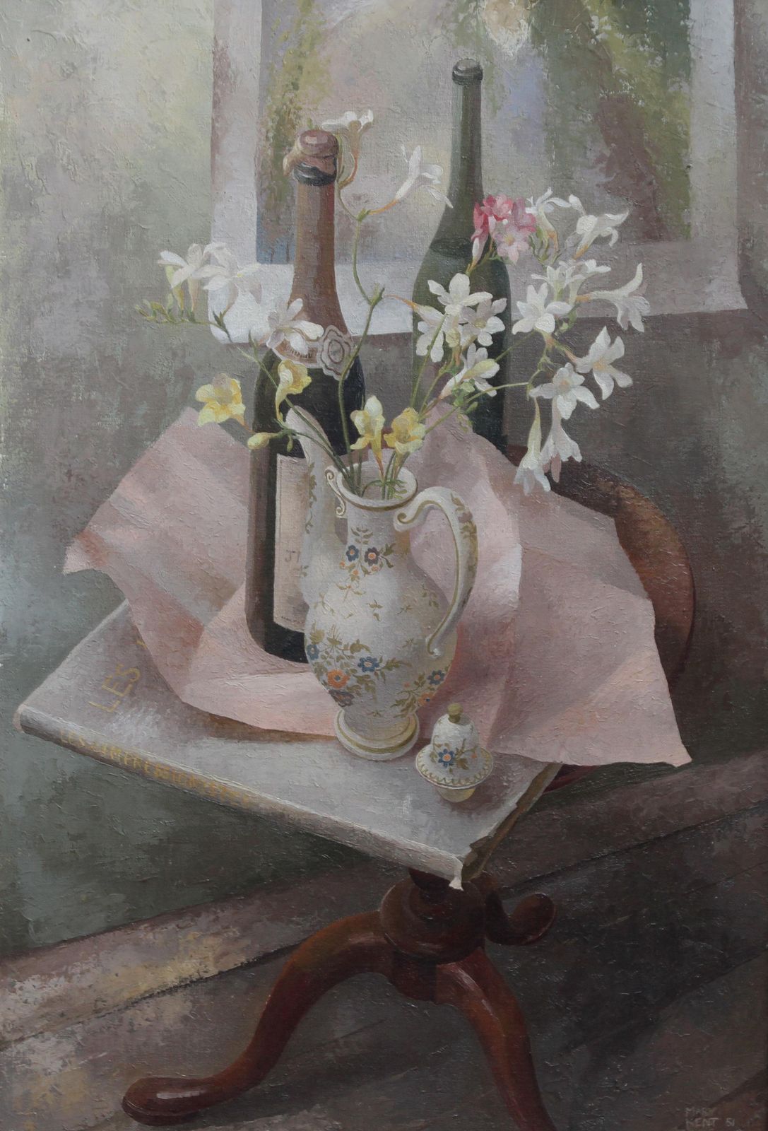 photo furniture Mary Kent Harrisonfrench Coffee Pot   British Exh Art 1960s Floral Still Life Oil Painting Flowers1960