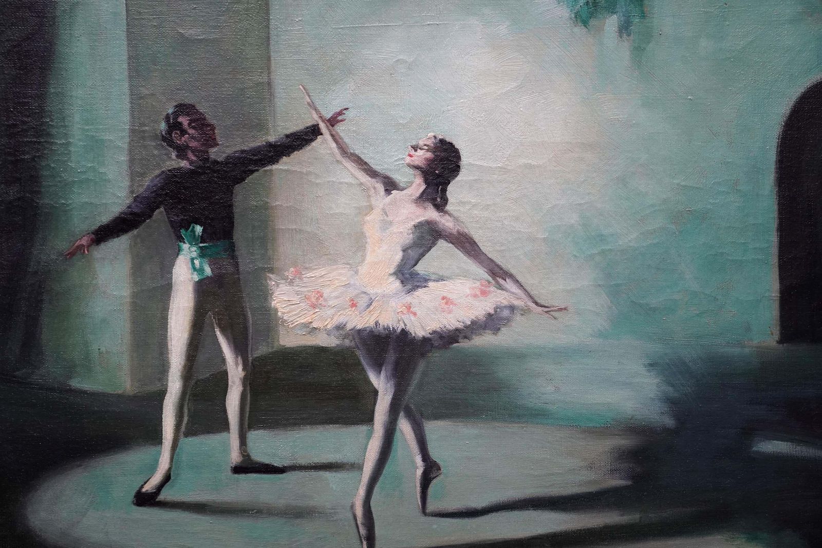 Elizabeth Bridgeballerinas Pas De Deux   British 1950's Ballet Dancers Art Oil Painting Dance1951 photo for sale