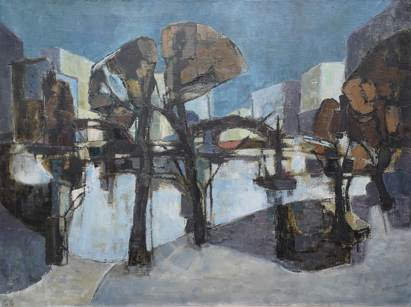 4846.0 Helen Halewaterfront   British 1960's Art Abstract Expressionist Exhibited Oil Paintingcirca 1960 photo