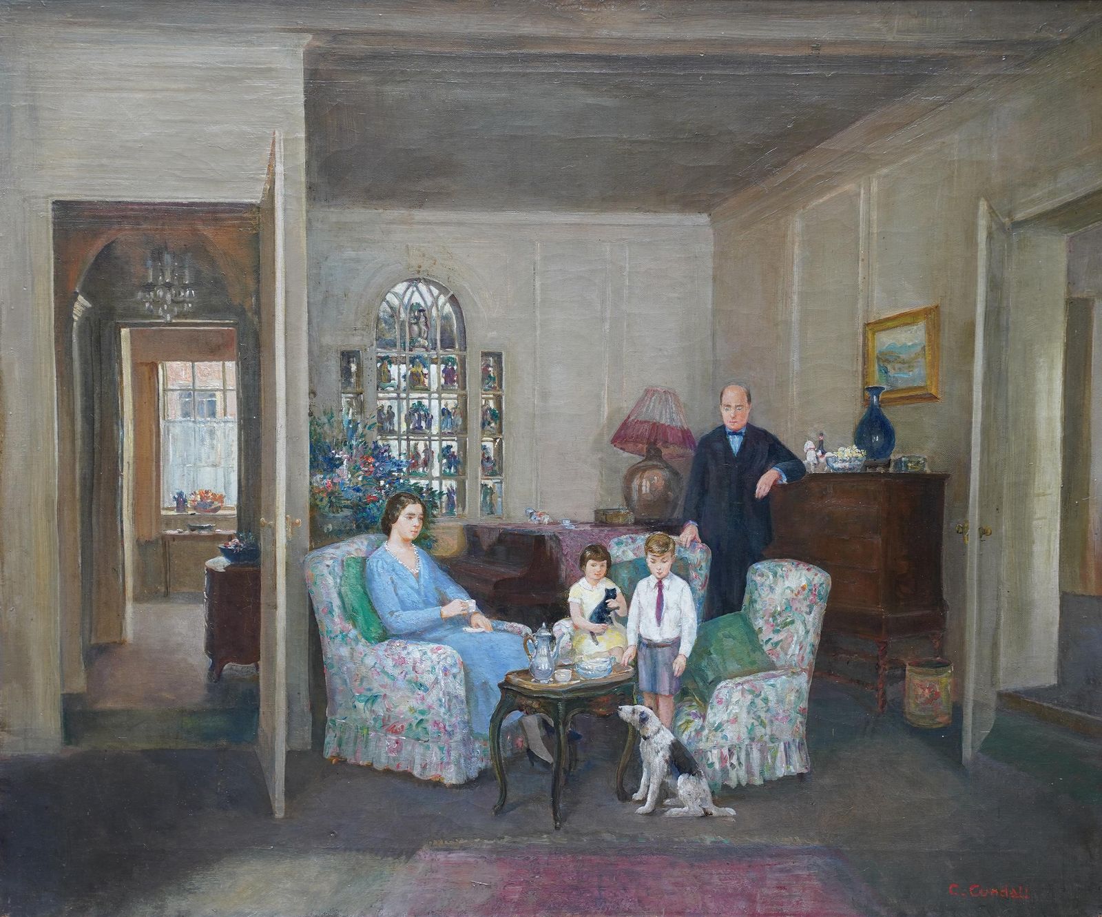 photo vinterior Charles Ernest Cundallportrait Of A Family In An Interior   British 1950's Art Oil Paintingcirca 1955