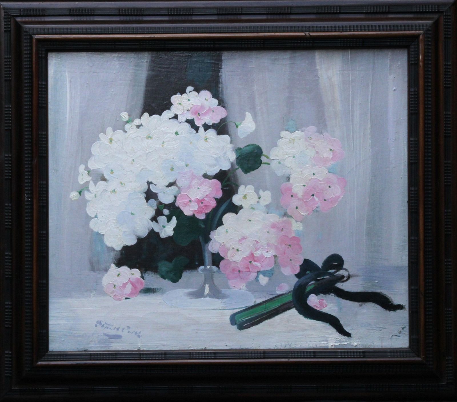 photo vinterior James Stuart Parkhydrangea With Fan   Scottish Art 19thc Glasgow Boy Artist Floral Oil Paintingcirca 1900