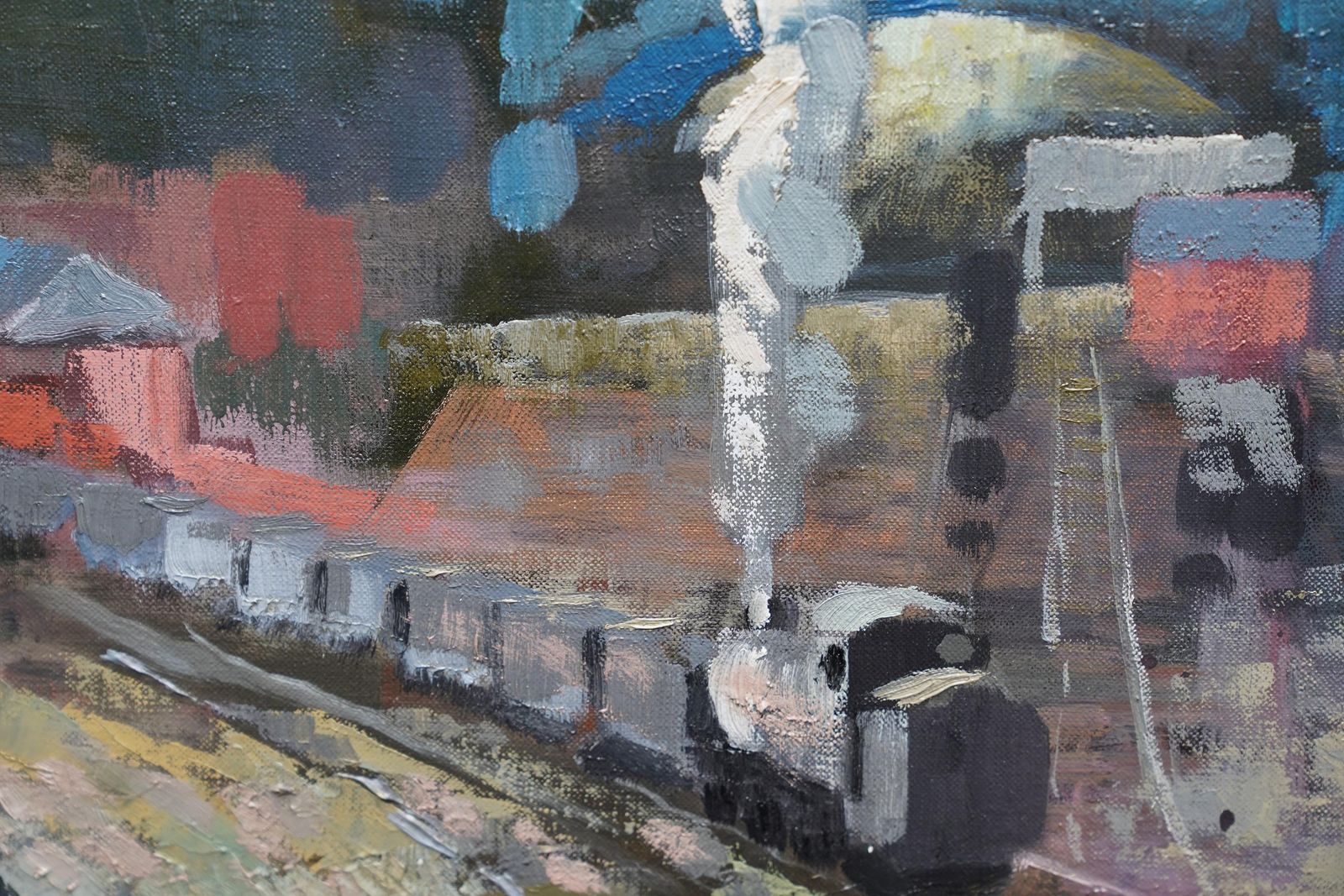 Harry Jefferson Barnesindustrial Railway Landscape   Scottish 50s Art Post Impressionist Oil Paintingcirca 1950 photo buy