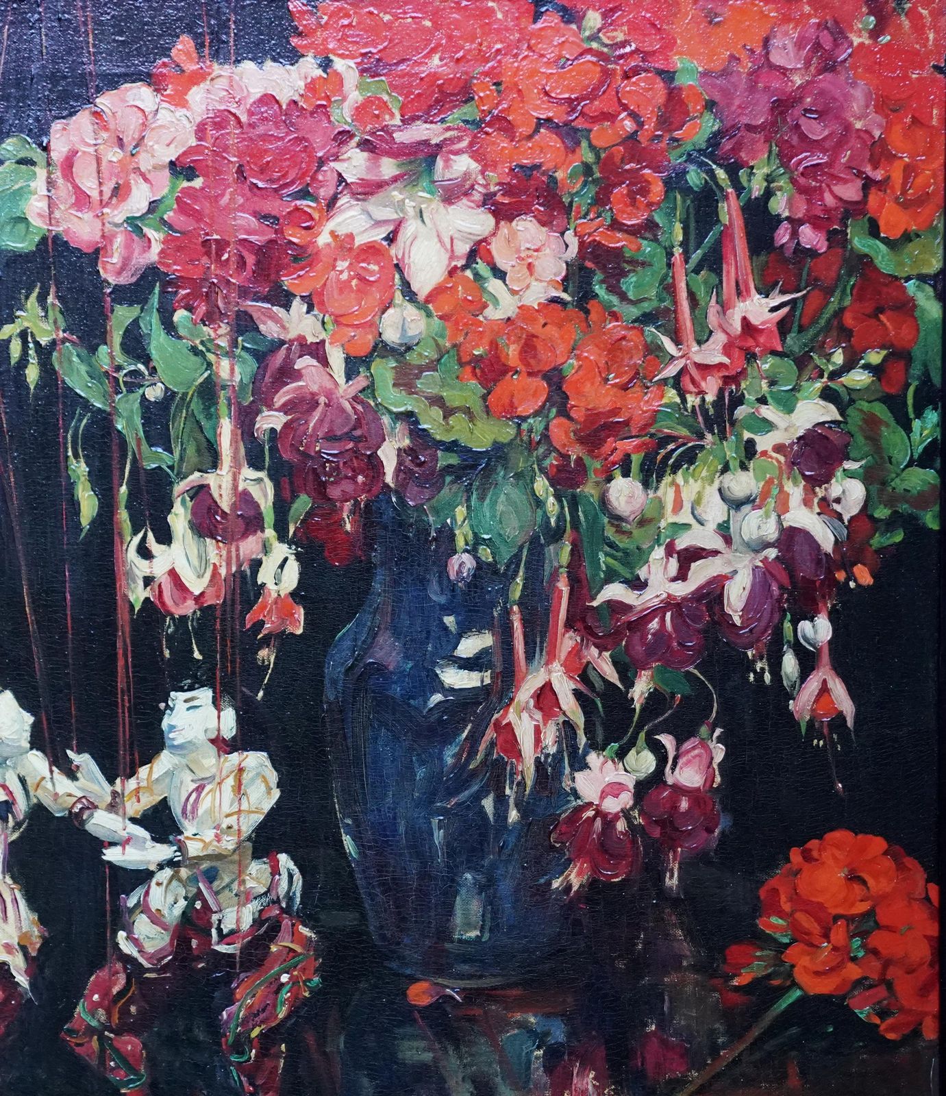 Herbert Davis Richterstill Life Of Fuchsias, Geraniums And Marionettes   British 30's Oil Paintingcirca 1930 photo for sale