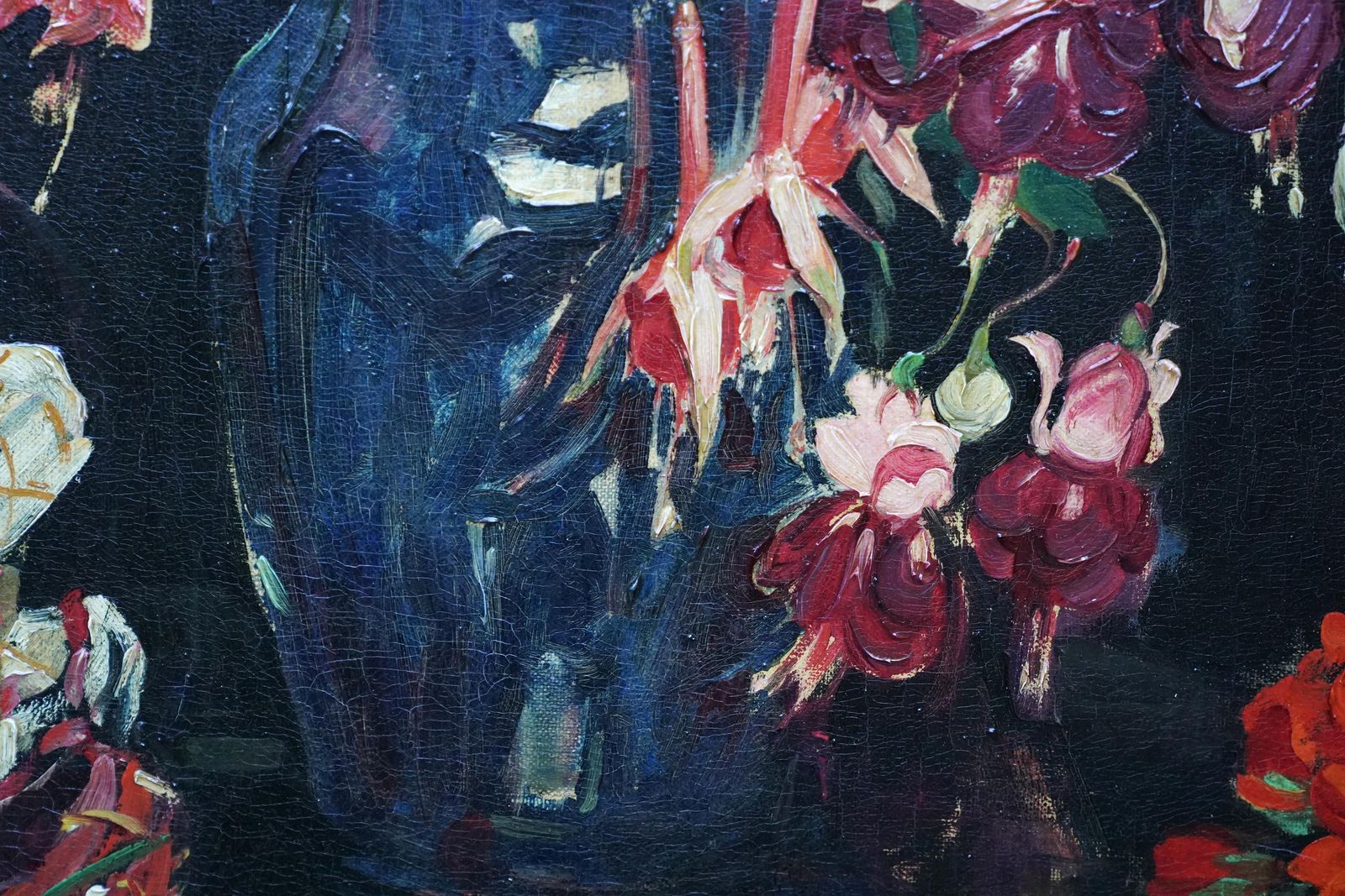 Herbert Davis Richterstill Life Of Fuchsias, Geraniums And Marionettes   British 30's Oil Paintingcirca 1930 photo vinterior