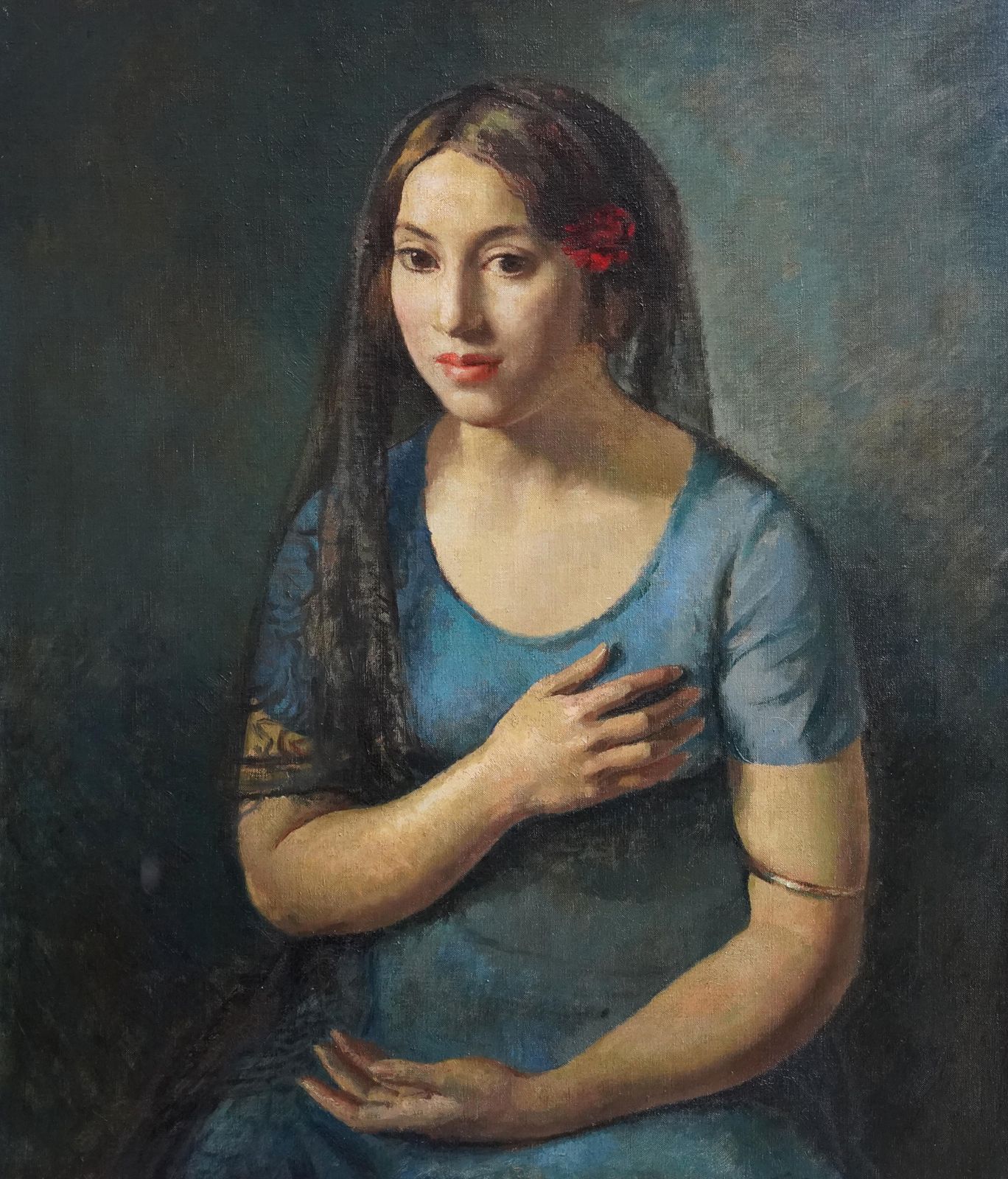 Lionel Ellisportrait Of A Seated Girl In Blue   British 1930's Art Portrait Oil Paintingcirca 1930 photo furniture