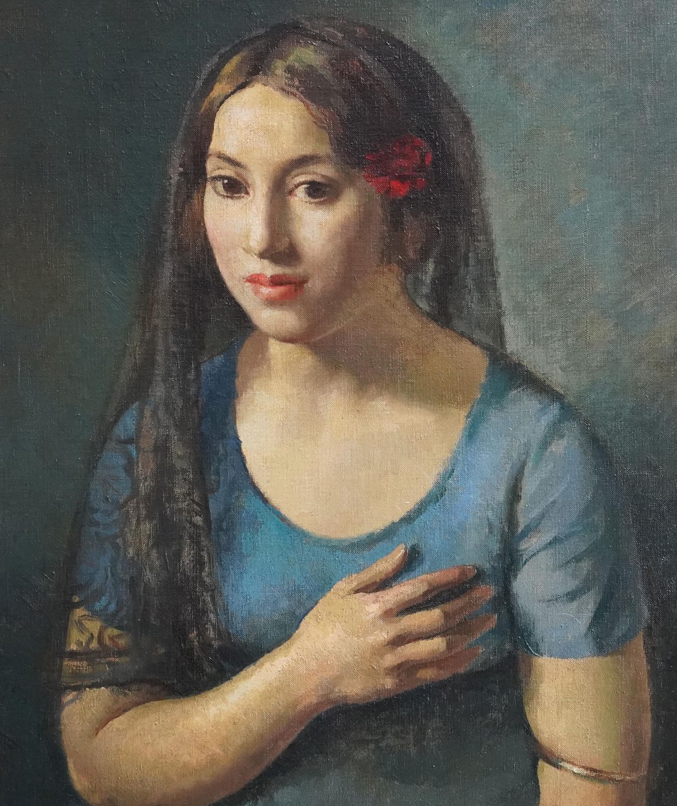 Lionel Ellisportrait Of A Seated Girl In Blue   British 1930's Art Portrait Oil Paintingcirca 1930 photo Art