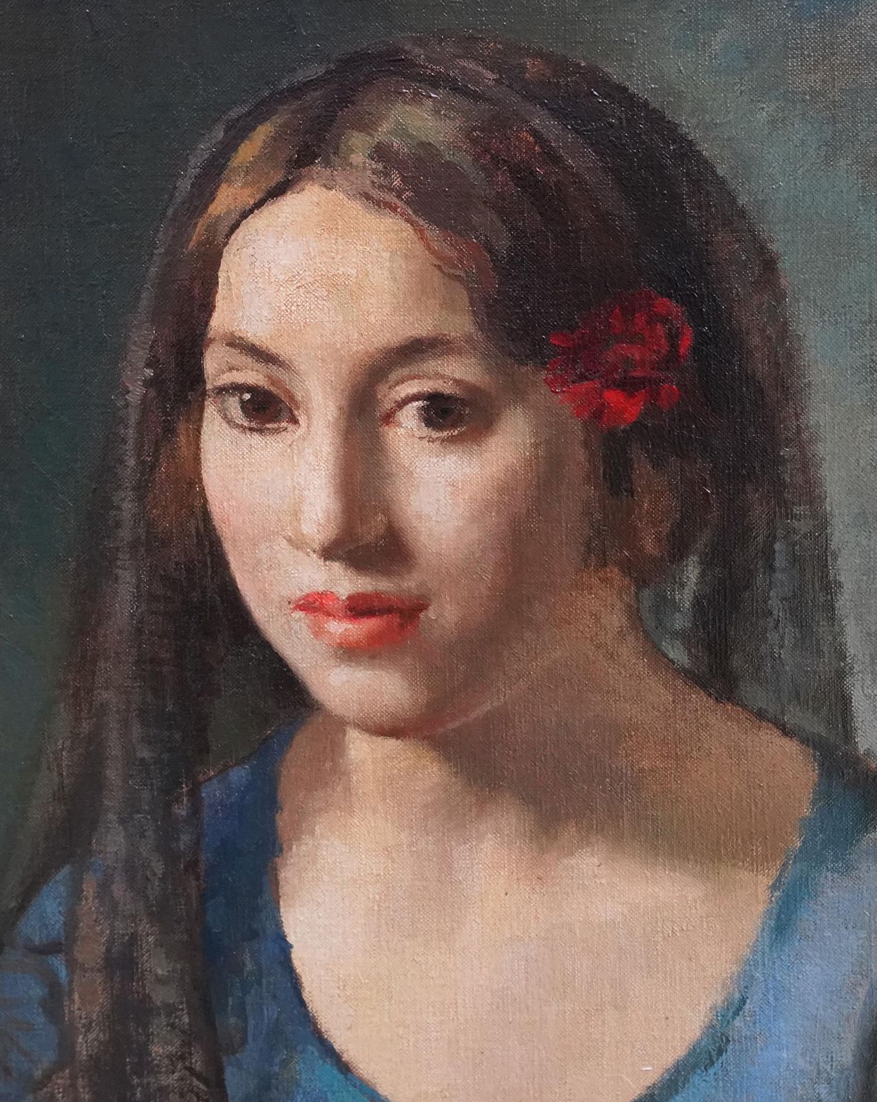 Lionel Ellisportrait Of A Seated Girl In Blue   British 1930's Art Portrait Oil Paintingcirca 1930 photo vinterior