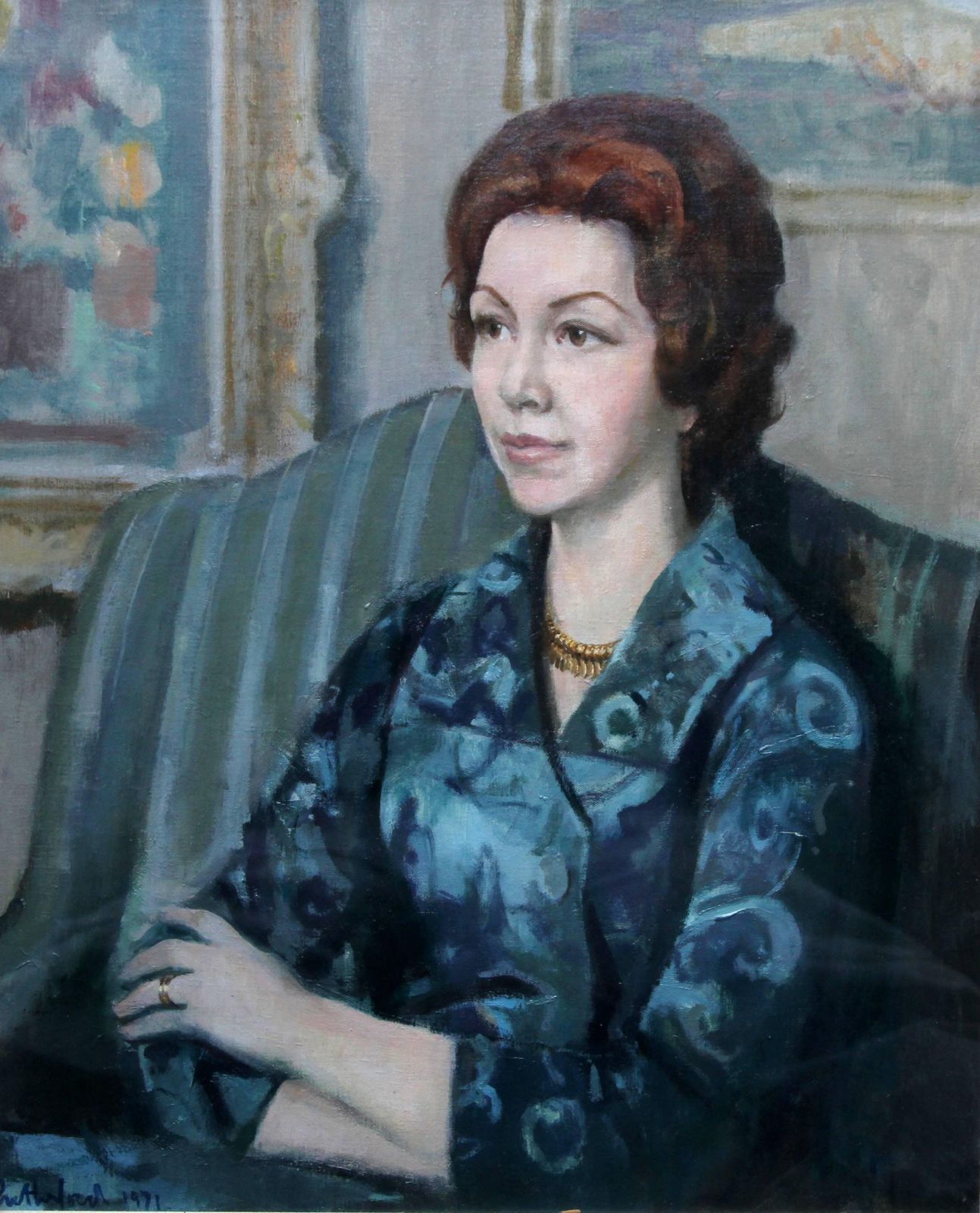 Harry Rutherfordportrait Of A Lady In Blue   British 20thc Art Oil Painting Living Room Interiorcirca 1970 photo furniture