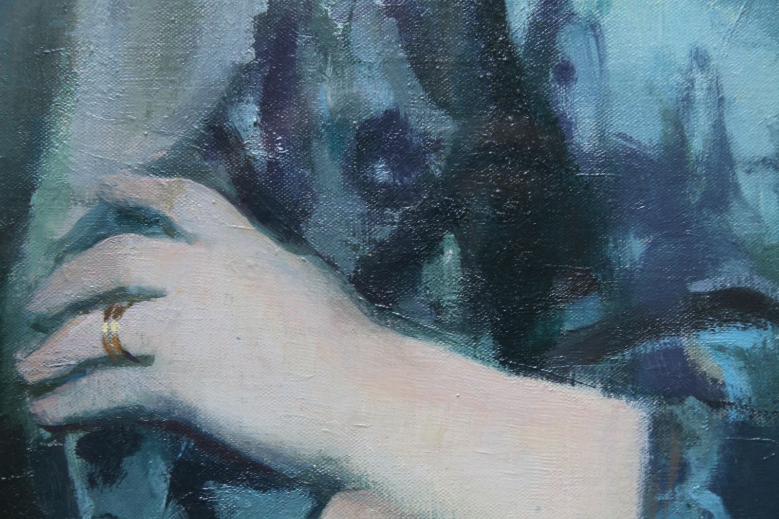 Harry Rutherfordportrait Of A Lady In Blue   British 20thc Art Oil Painting Living Room Interiorcirca 1970 photo 5611.0