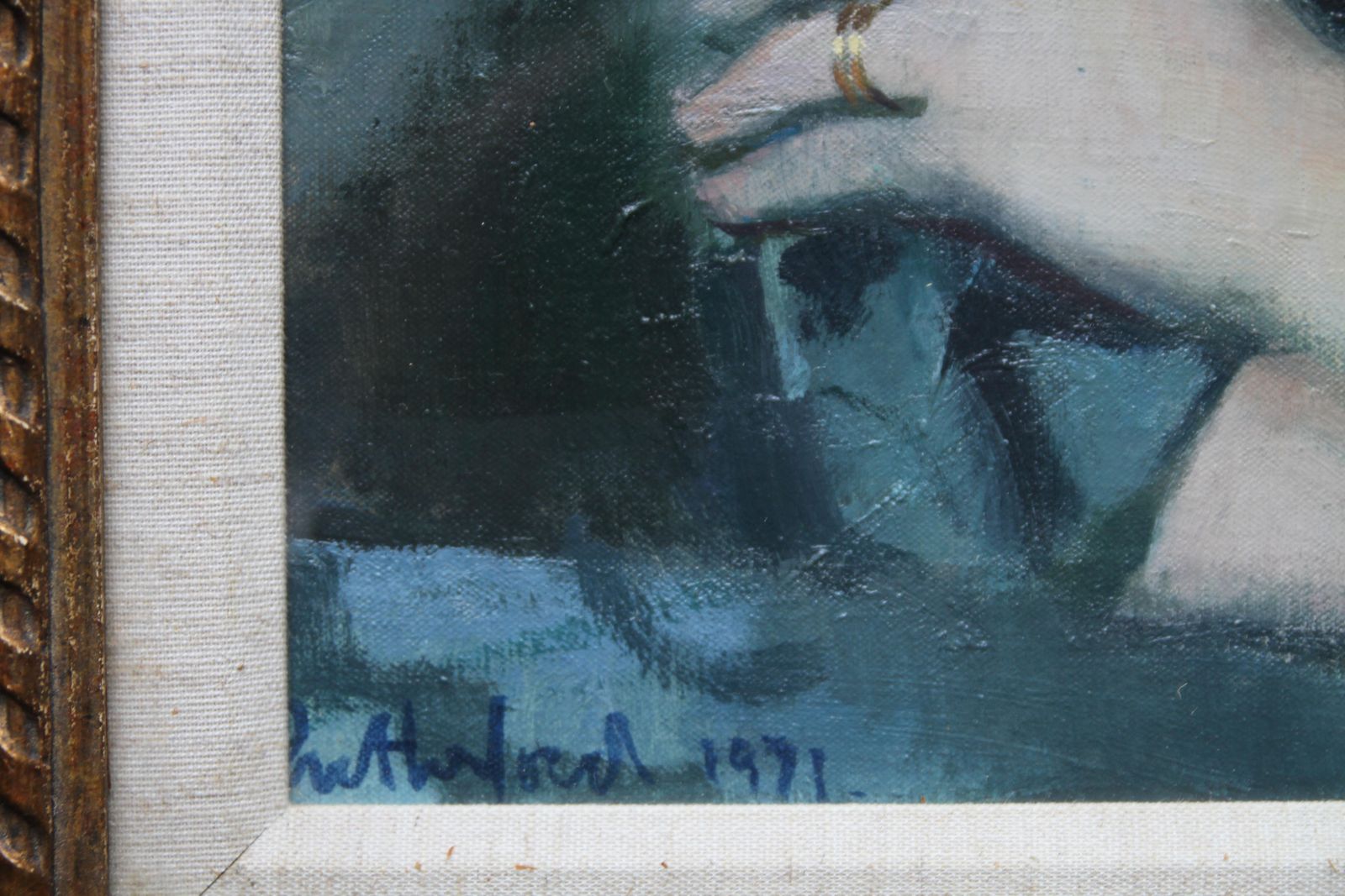 Harry Rutherfordportrait Of A Lady In Blue   British 20thc Art Oil Painting Living Room Interiorcirca 1970 photo buy