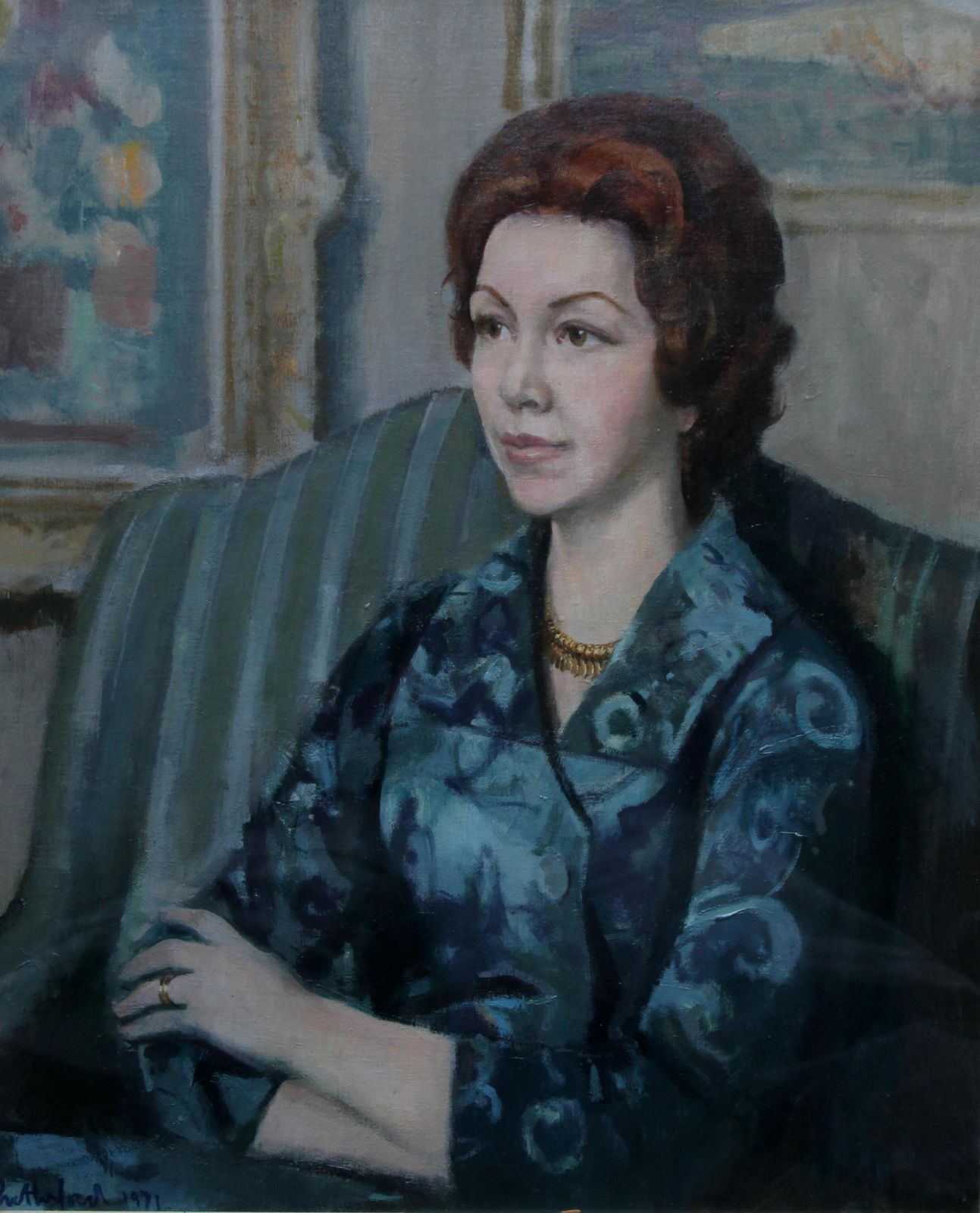 Harry Rutherfordportrait Of A Lady In Blue   British 20thc Art Oil Painting Living Room Interiorcirca 1970 photo vintage