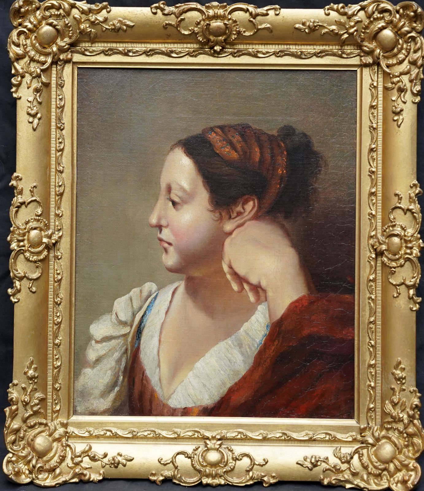 Jean Auguste Dominique Ingres (Circle)portrait Of A Woman In A Red Dress   French Old Master Art Oil Paintingcirca 1810