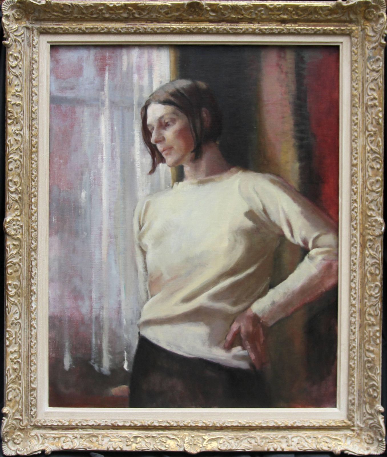 Alice Mary Burtoncontemplation   British 1950's Art Female Portrait Oil Painting Female Artist1955