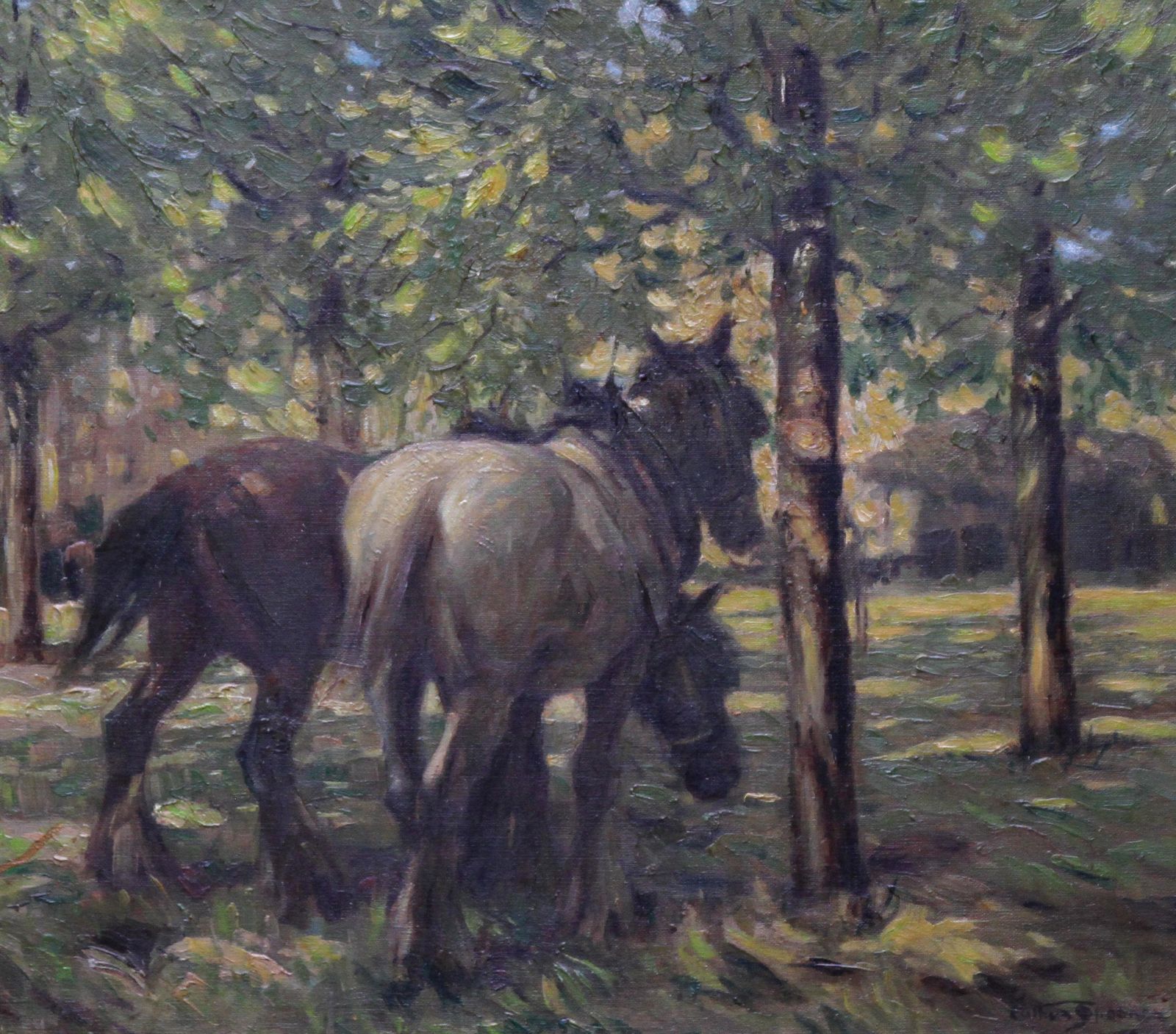 Arthur Spoonerportrait Of Horses In Dappled Sunlight   British 30's Impressionist Oil Paintingcirca 1935 photo for sale