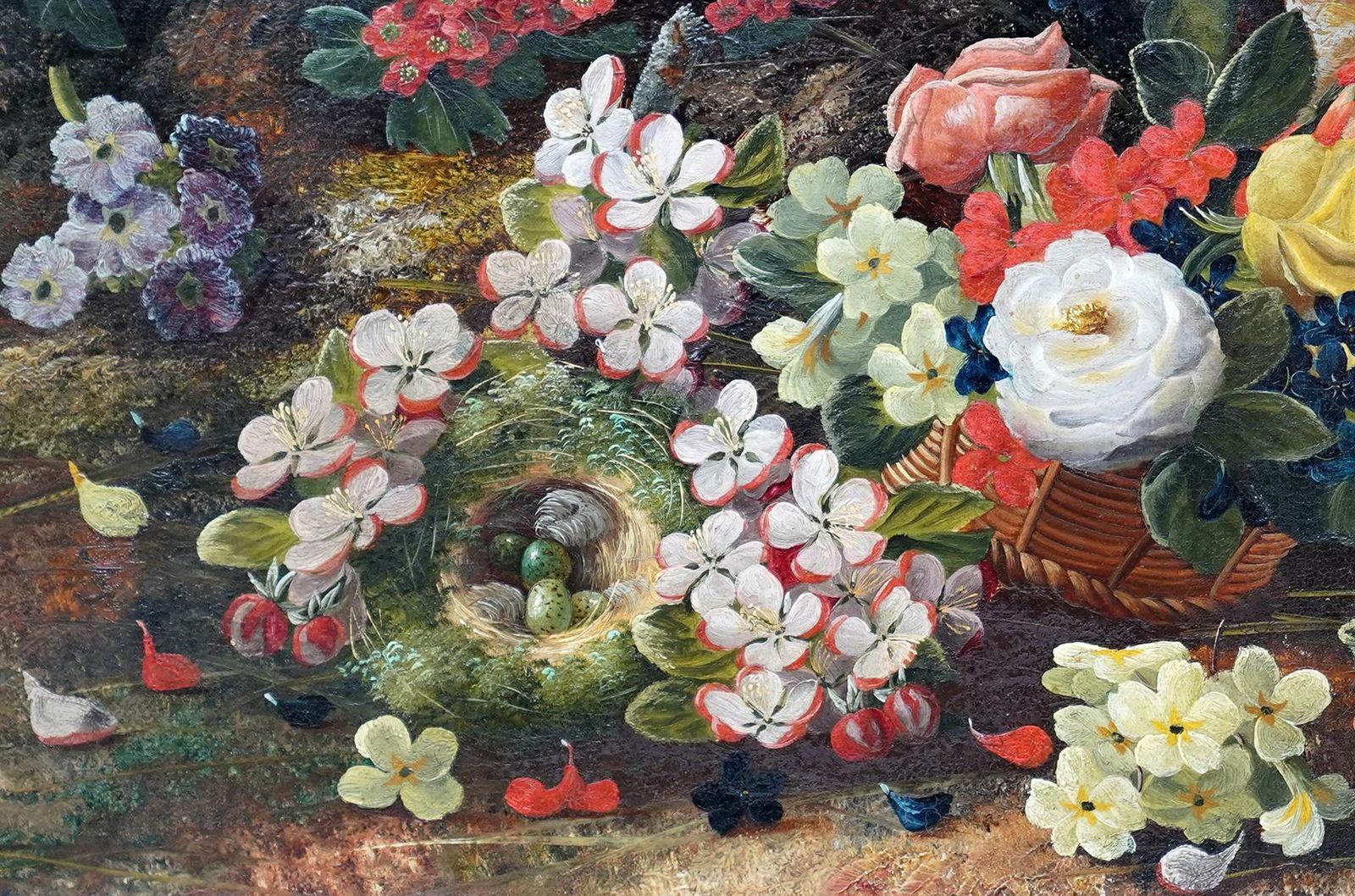 Henry John Livensstill Life With Flowers And Bird's Nest   British Art 1880 Floral Oil Painting1880 photo Art