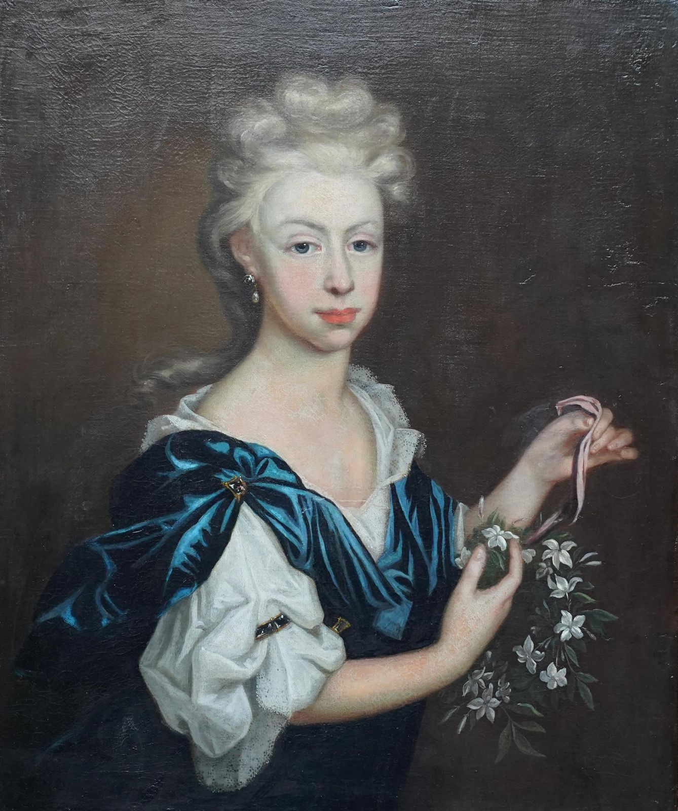 Portrait Of Lady With Garland Of Flowers   British 17thc Old Master Oil Paintingcirca 1690 photo furniture