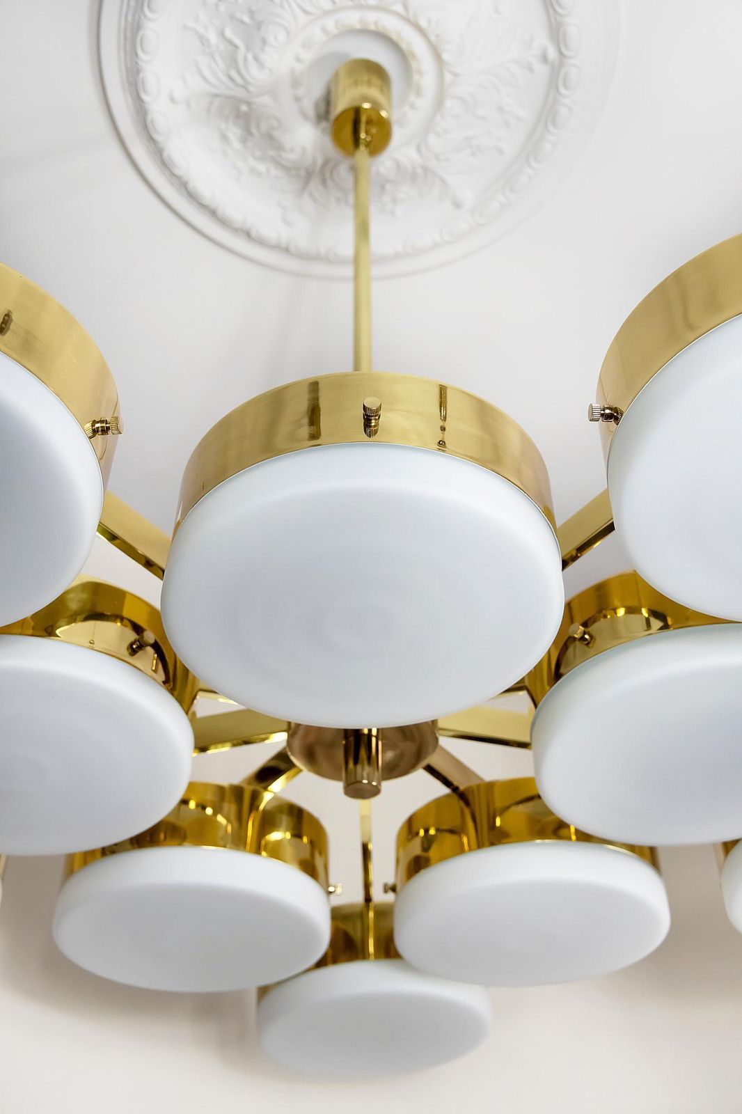 Italian Brass And Frosted Glass Chandelier photo vintage