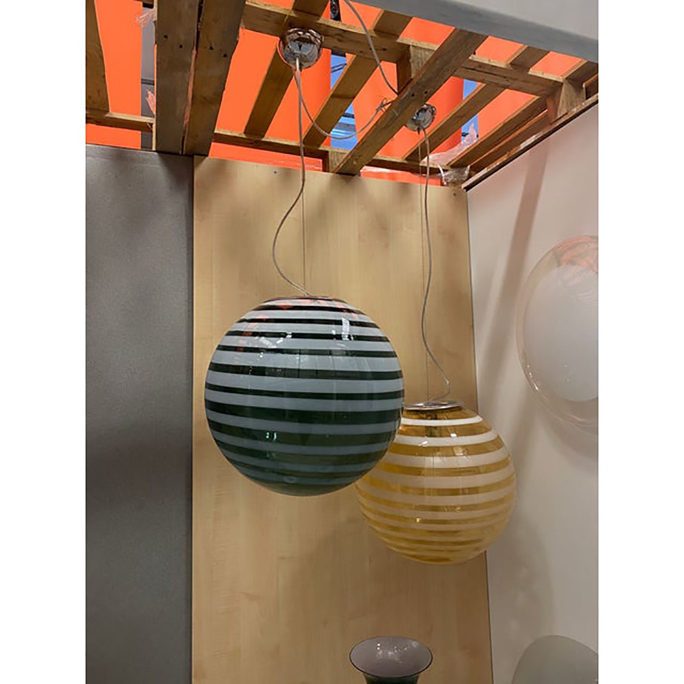 Contemporary Green And White Swiriling Sphere Pendant In Murano Style Glass Italian photo vinterior