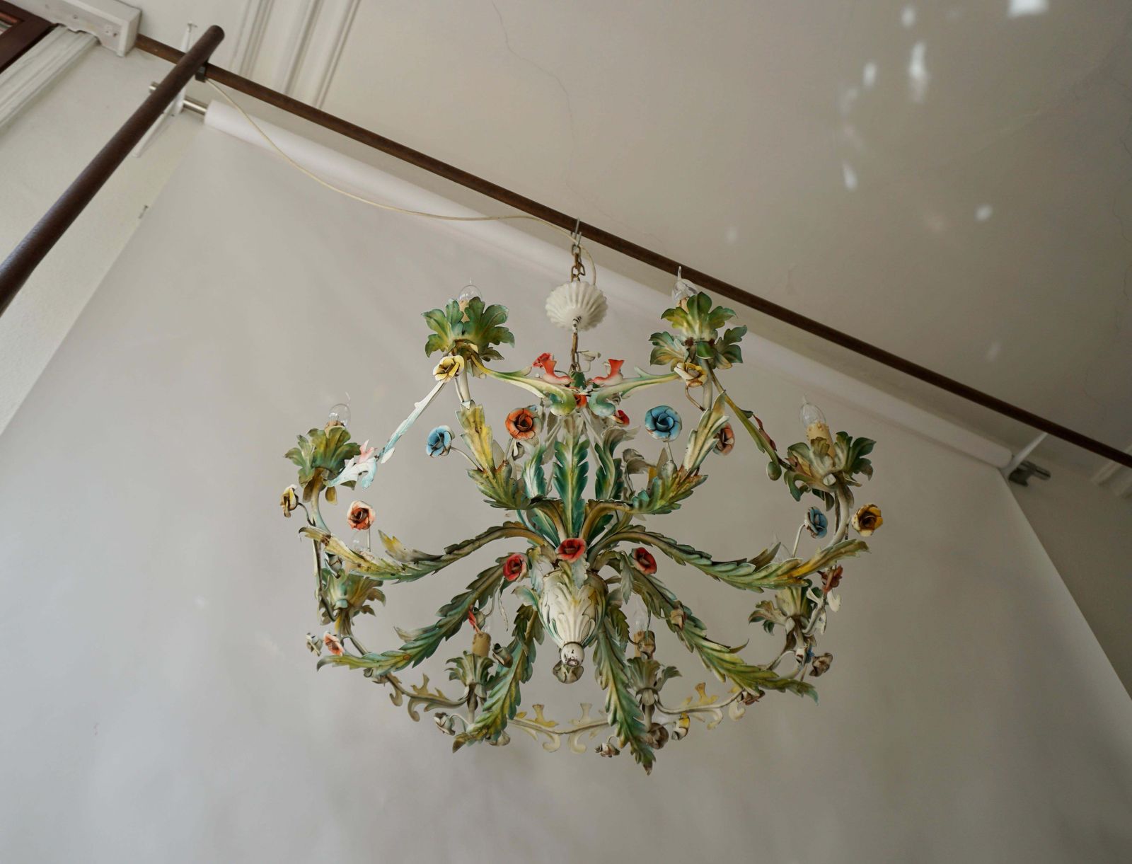 Large Polychrome Painted Metal Chandelier With Flowers And Birds photo for sale