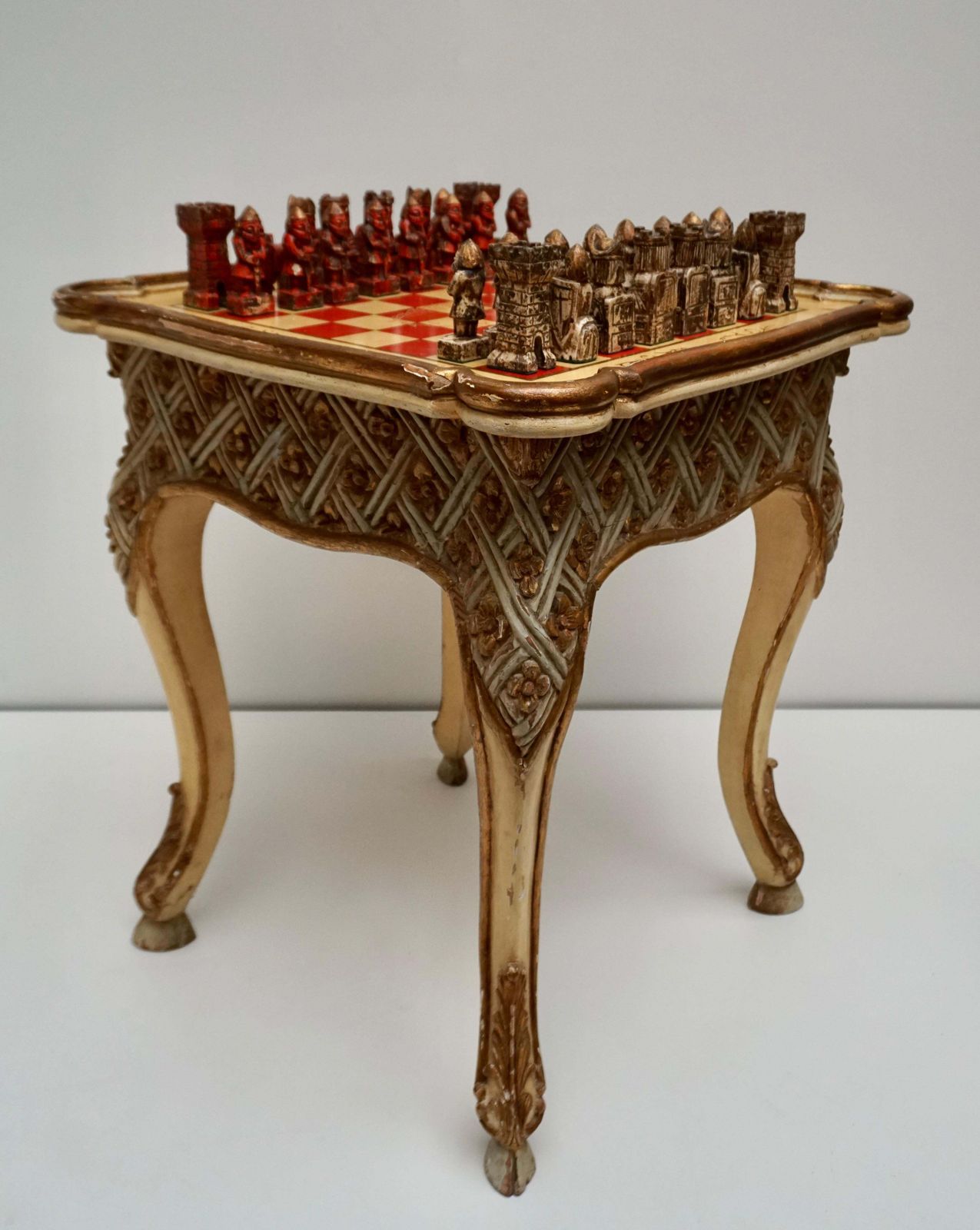 Games Chess Set Of Handcrafted And Painted Wood Pieces With Table And Board photo vintage