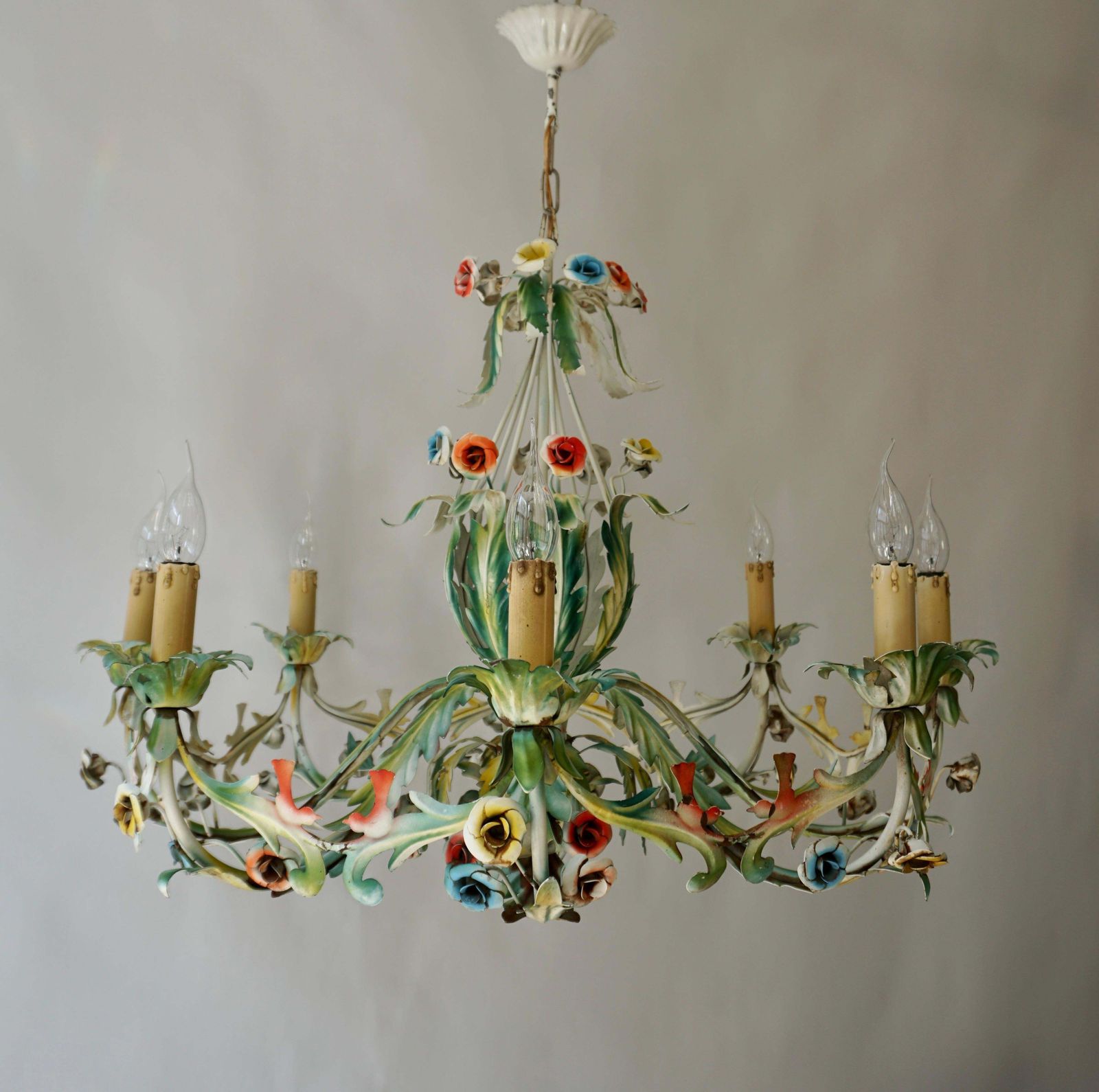 Large Polychrome Painted Metal Chandelier With Flowers And Birds photo buy