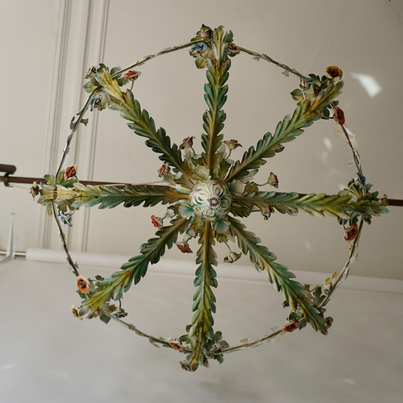 Large Polychrome Painted Metal Chandelier With Flowers And Birds photo vintage