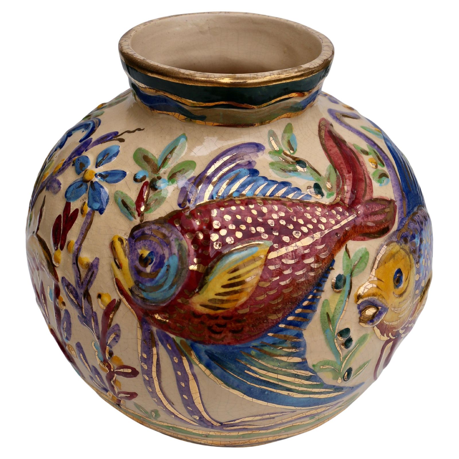Large Modern Art Deco Vase With Fish Flowers And Plants