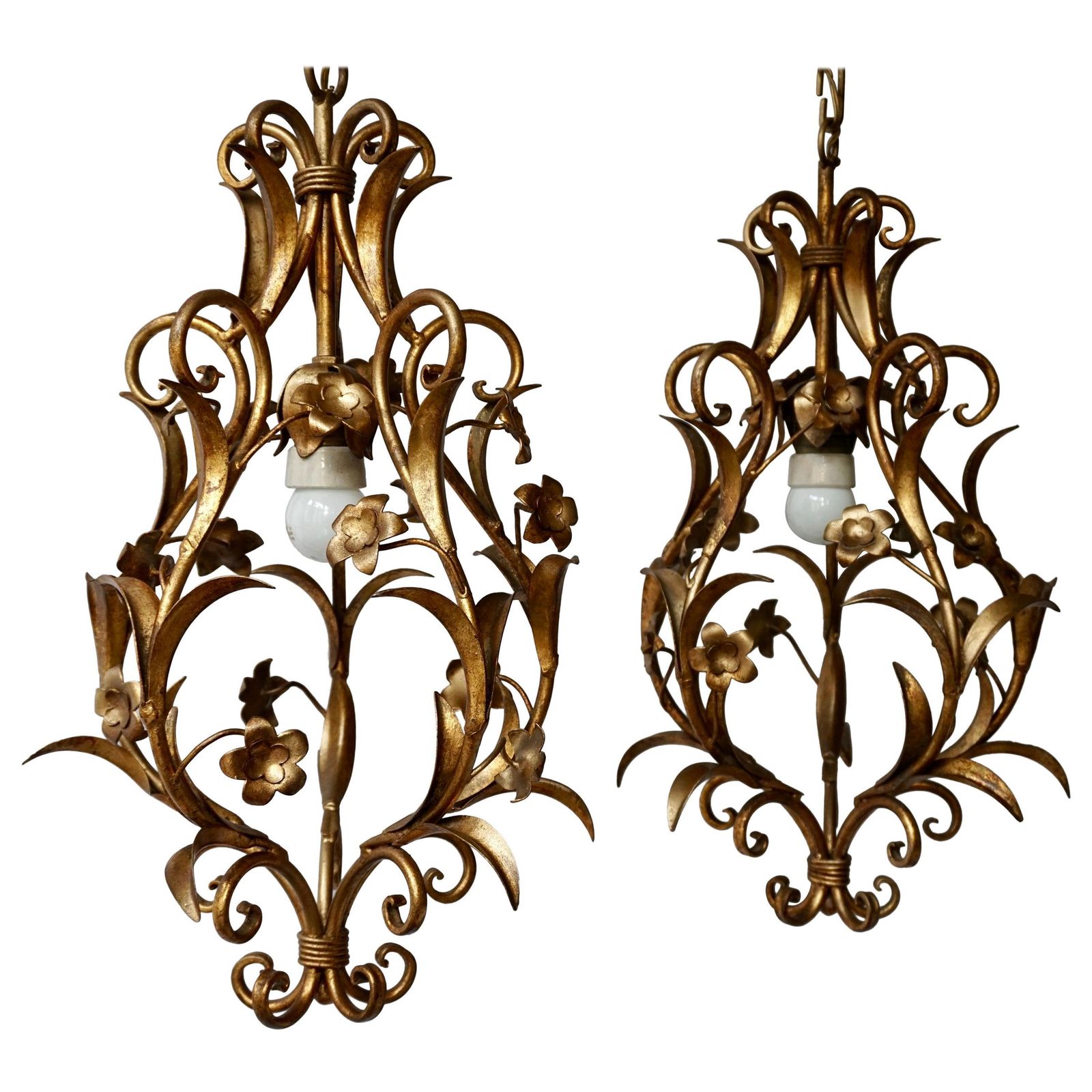 Set Of Two Italian, 1950s Gilt Tole Foliate Chandeliers