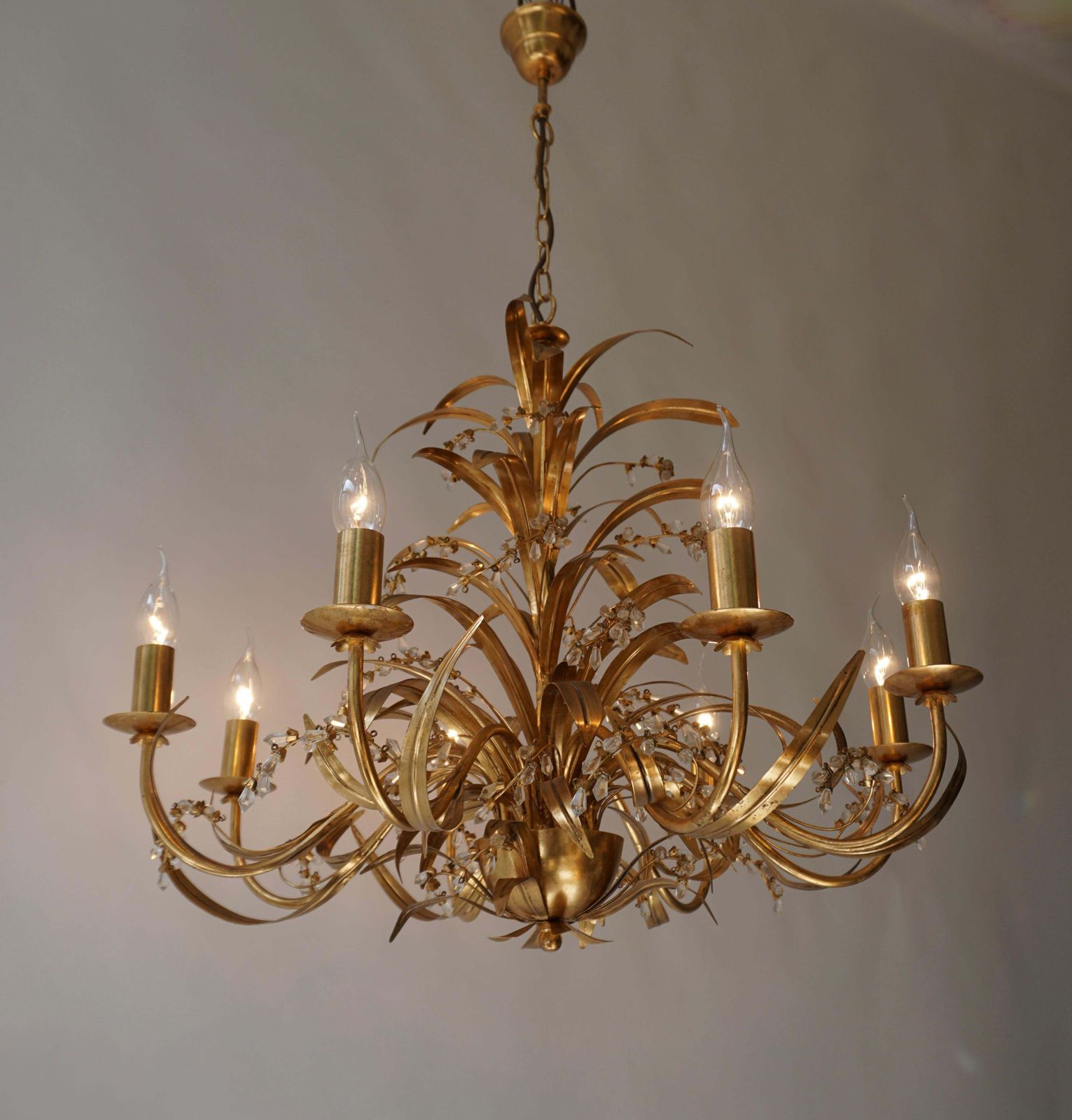 Italian Gilt Tole And Crystal Palm Frond Chandelier photo for sale