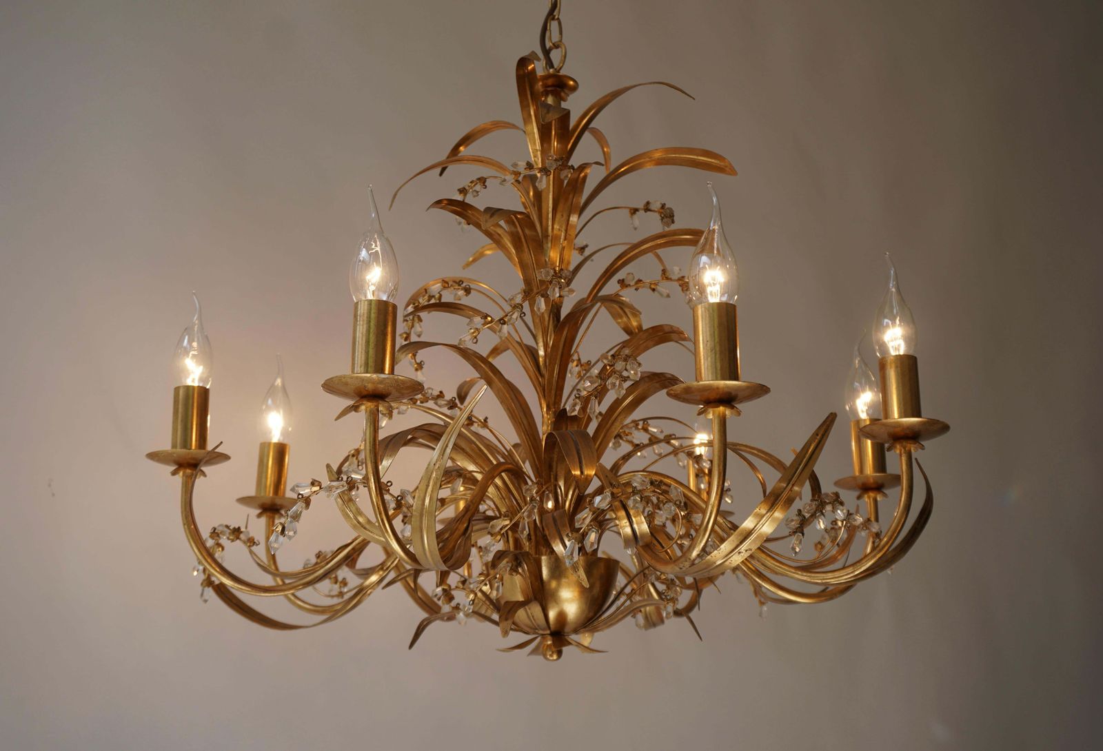 Italian Gilt Tole And Crystal Palm Frond Chandelier photo Lighting