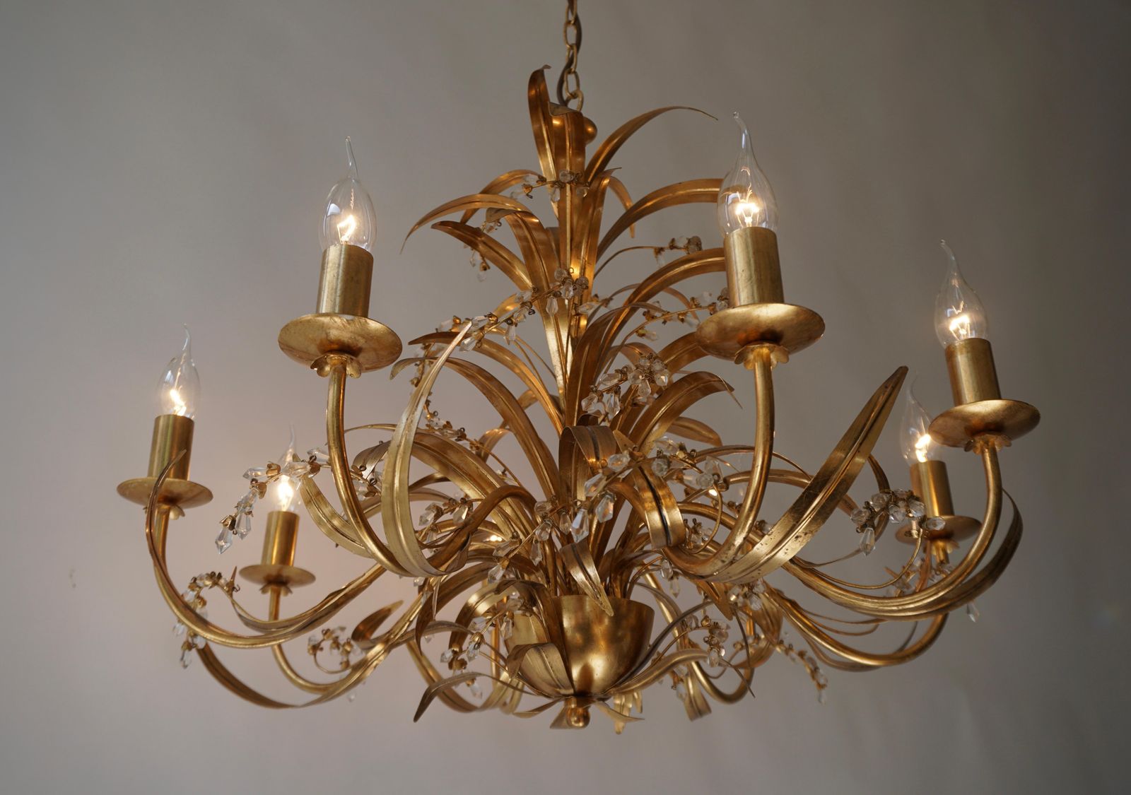 Italian Gilt Tole And Crystal Palm Frond Chandelier photo buy