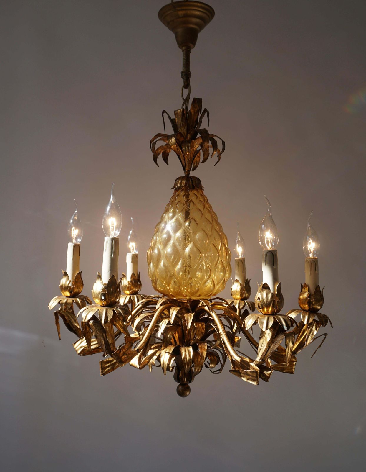 Midcentury Hollywood Regency Murano Glass Pineapple Chandelier photo for sale