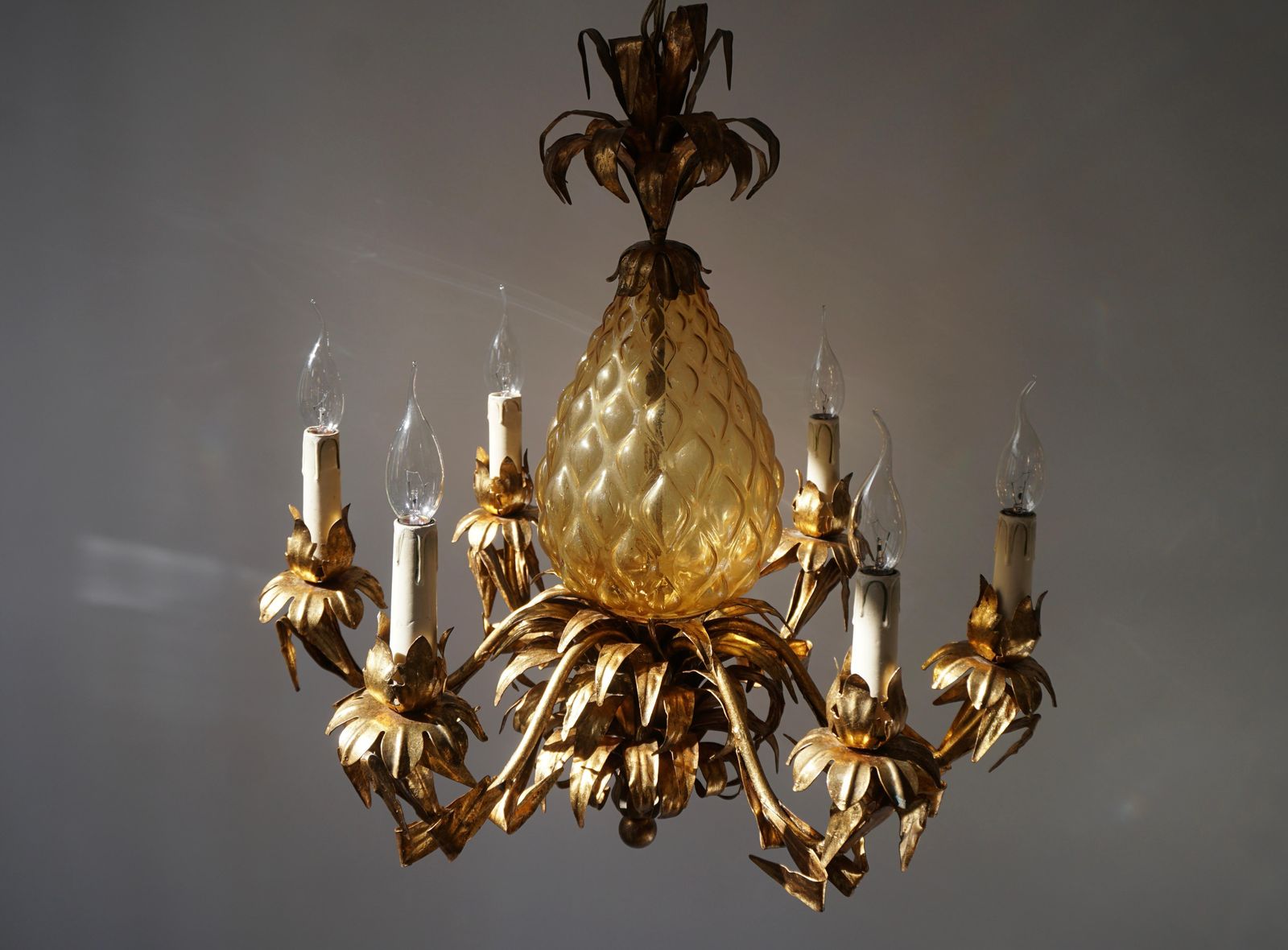 Midcentury Hollywood Regency Murano Glass Pineapple Chandelier photo vintage