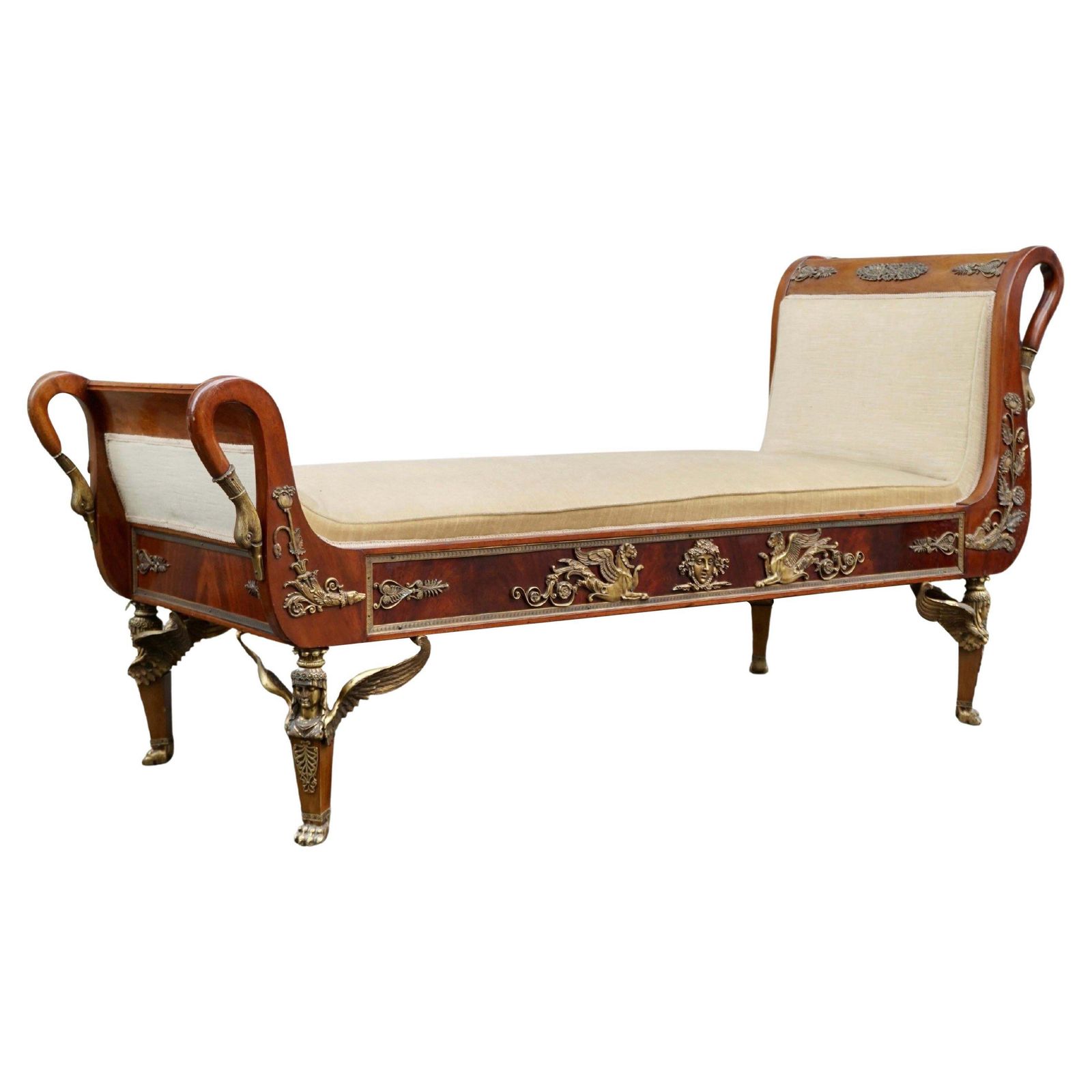 Incredible Gilt Bronze Mounted Swan Neck Daybed In French Empire Style