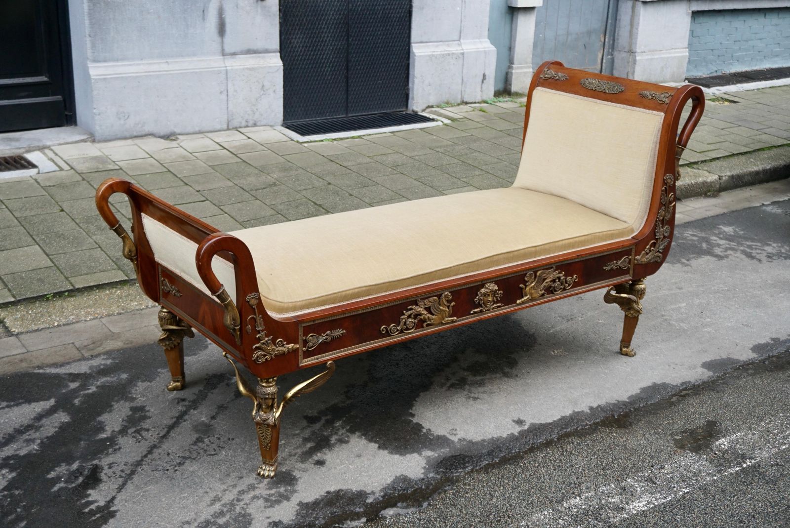 Incredible Gilt Bronze Mounted Swan Neck Daybed In French Empire Style photo vinterior
