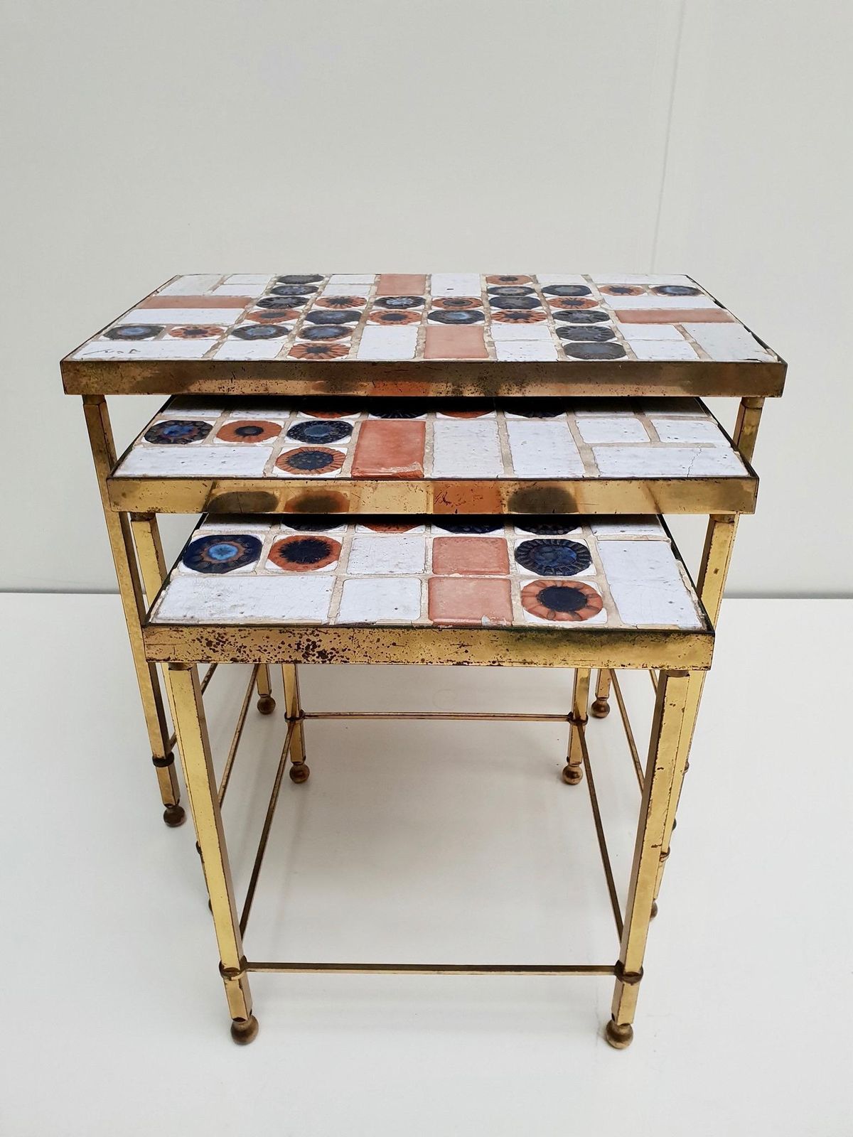 Set Of 3 Belgian Vintage Polished Brass And Ceramic Nesting Tables photo vintage