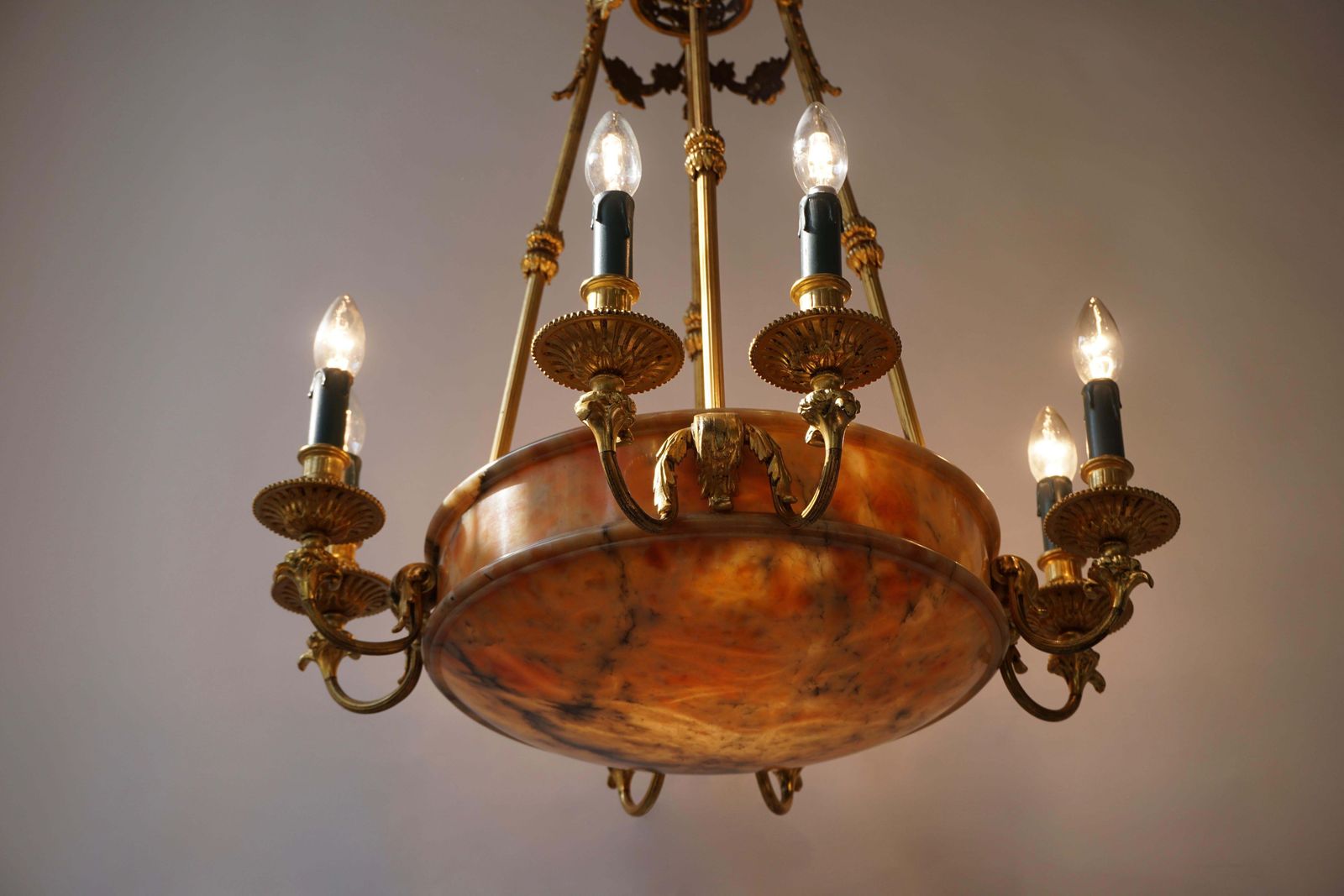 Rare Early French 20th Century Art Deco Bronze And Alabaster Chandelier photo furniture