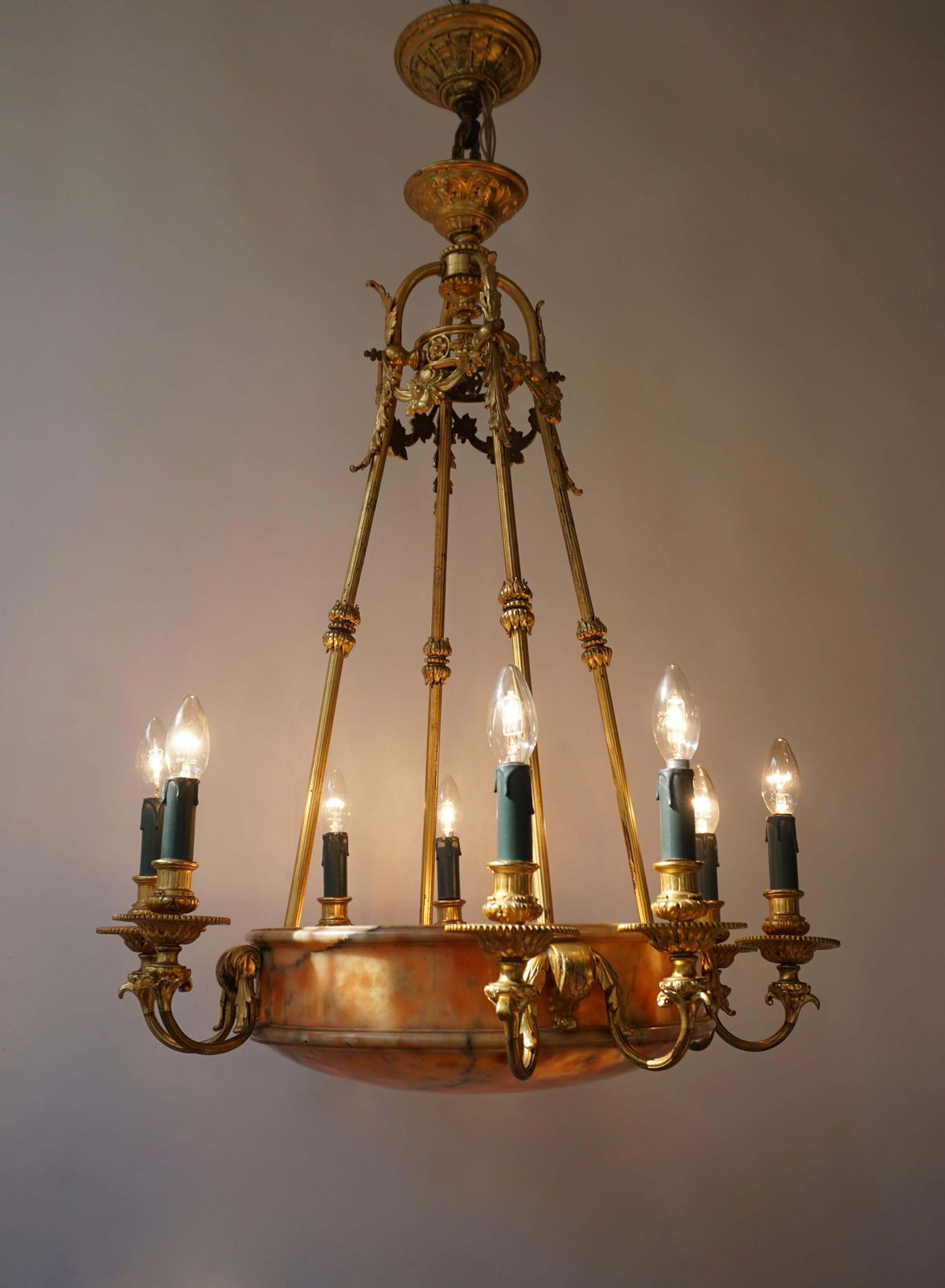 Rare Early French 20th Century Art Deco Bronze And Alabaster Chandelier photo for sale